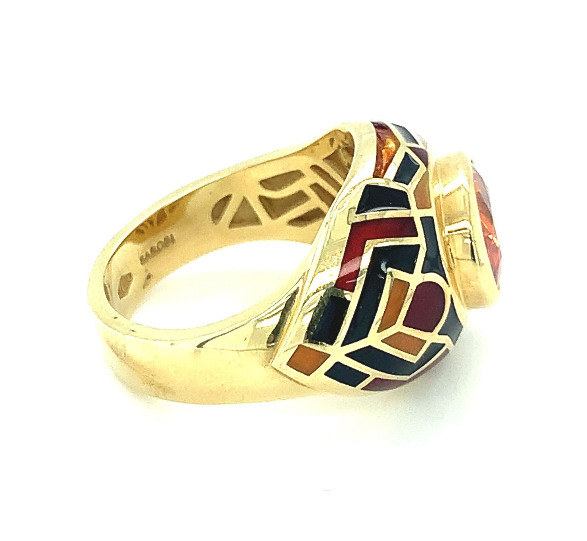 Artisan Spessartite Garnet Ring in Gold with Multi-Colored Vitreous Enamel, 5.72 Carats For Sale