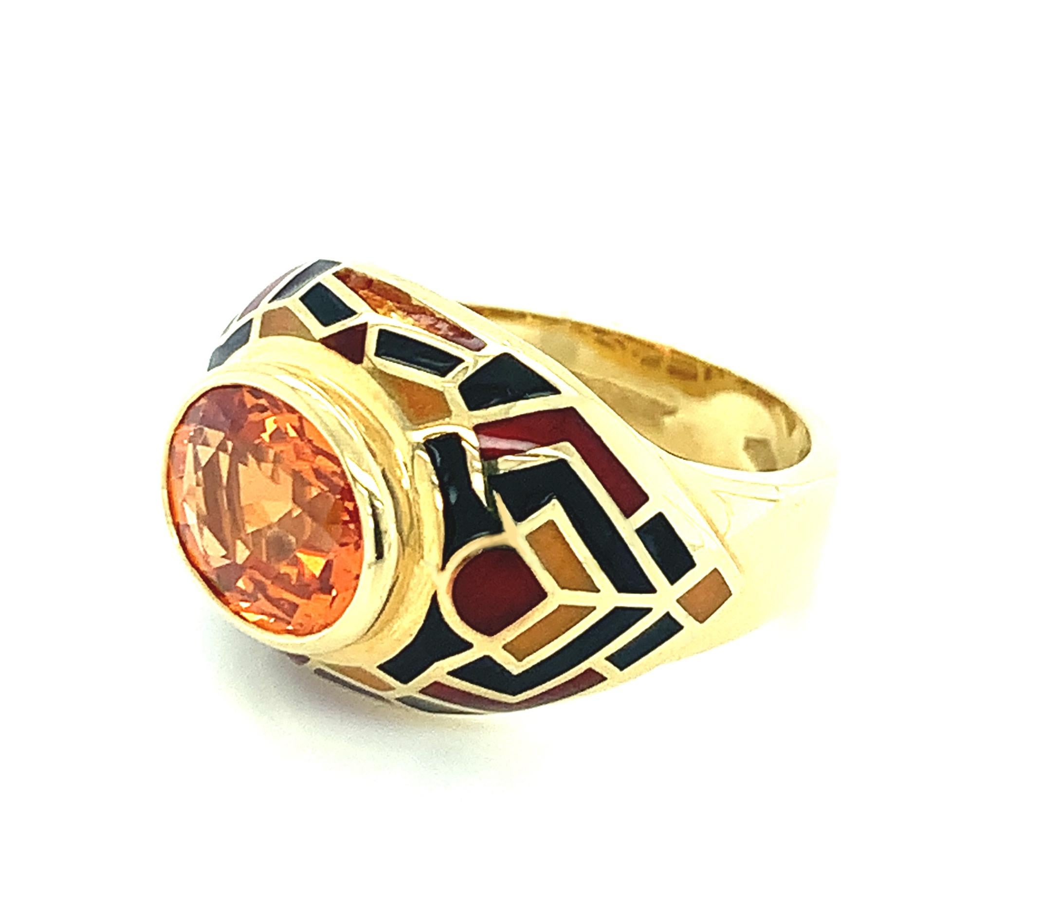 Women's or Men's Spessartite Garnet Ring in Gold with Multi-Colored Vitreous Enamel, 5.72 Carats For Sale