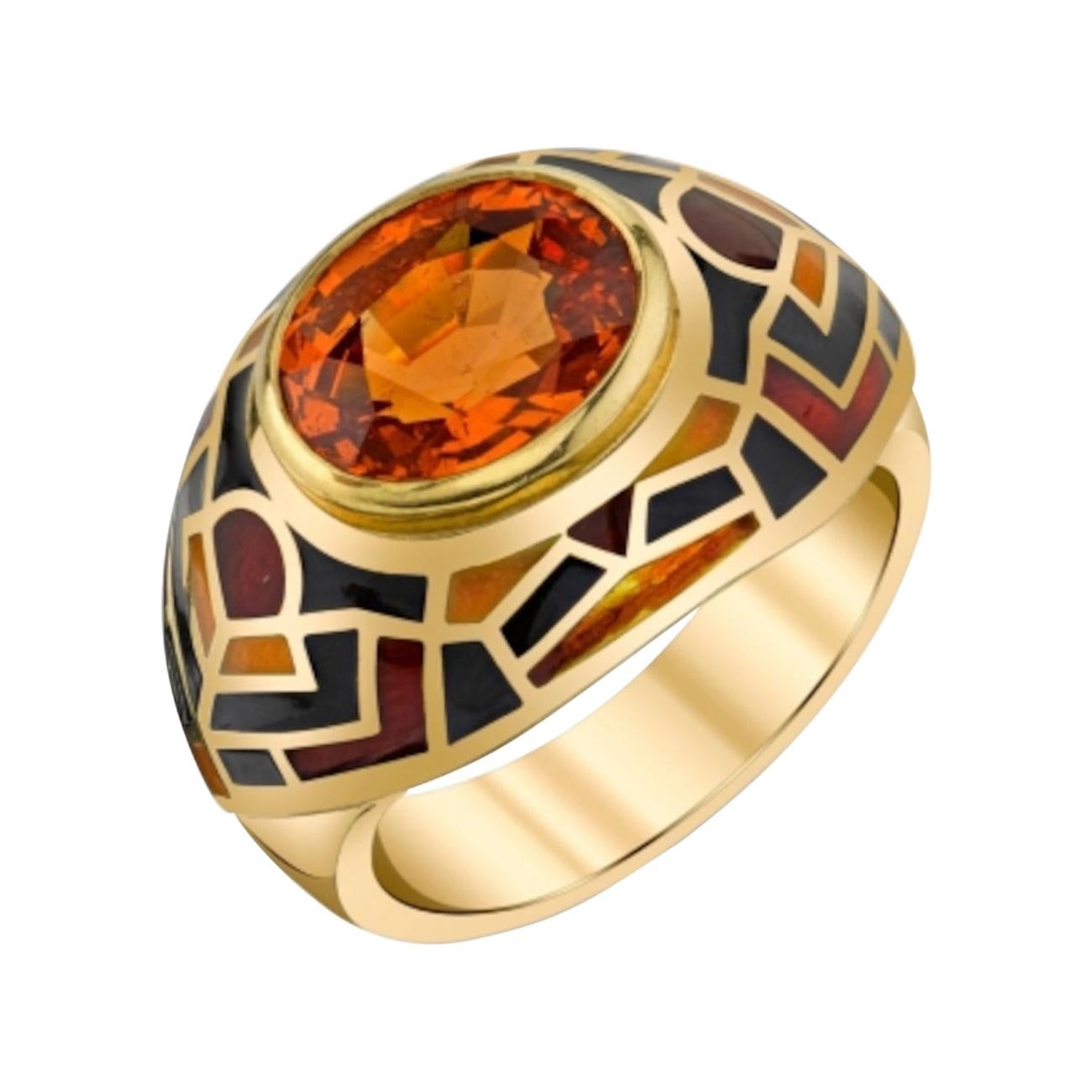 Spessartite Garnet Ring in Gold with Multi-Colored Vitreous Enamel, 5.72 Carats For Sale