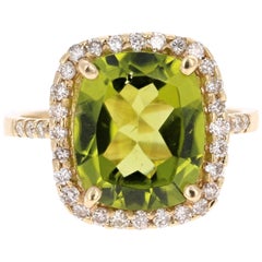 5.72 Carat Peridot Diamond Engagement Yellow Gold Ring