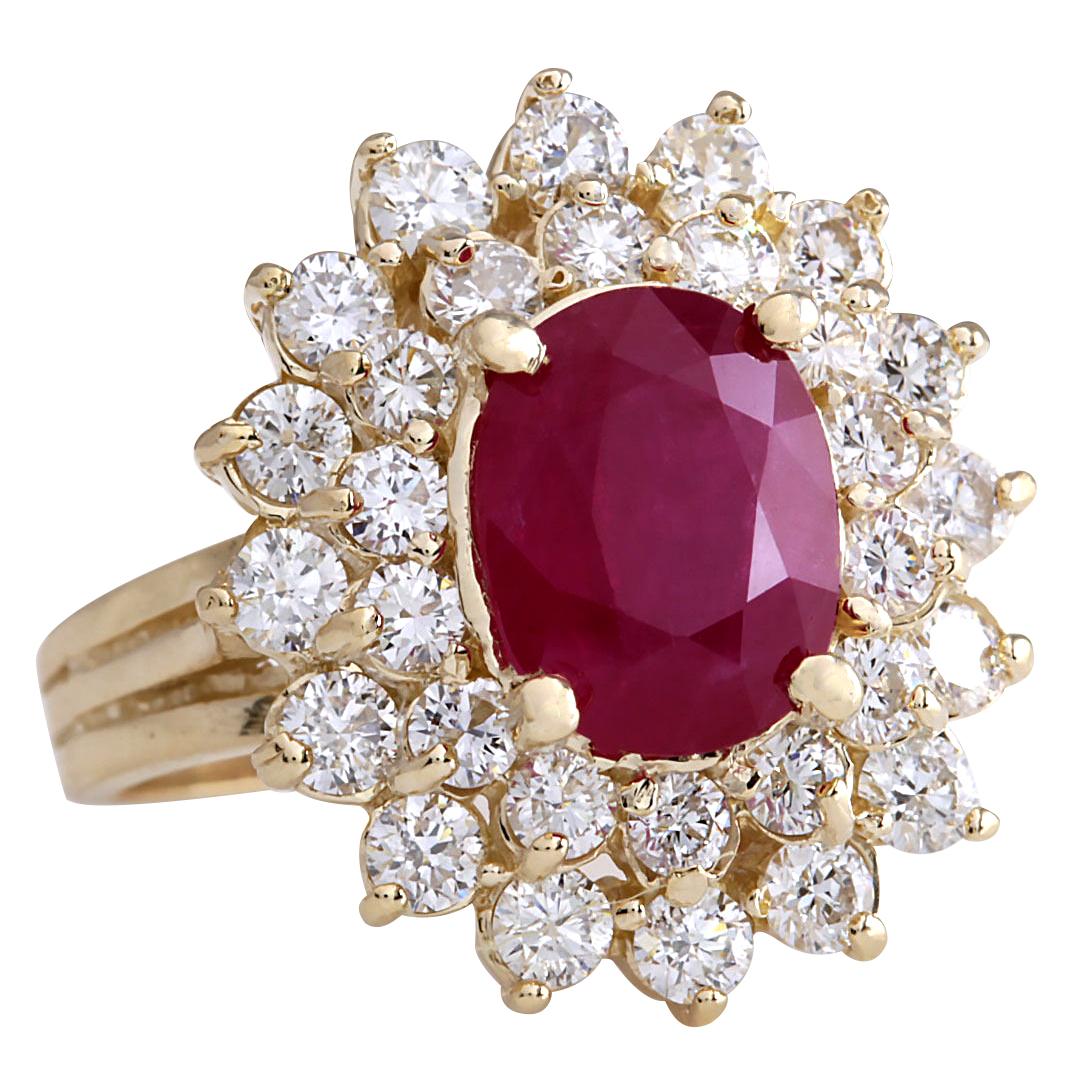 5.72 Carat Ruby 14 Karat Yellow Gold Diamond Ring
Stamped: 14K Yellow Gold
Total Ring Weight: 8.5 Grams
Total  Ruby Weight is 3.62 Carat (Measures: 10.00x8.00 mm)
Color: Red
Total  Diamond Weight is 2.10 Carat
Color: F-G, Clarity: VS2-SI1
Face