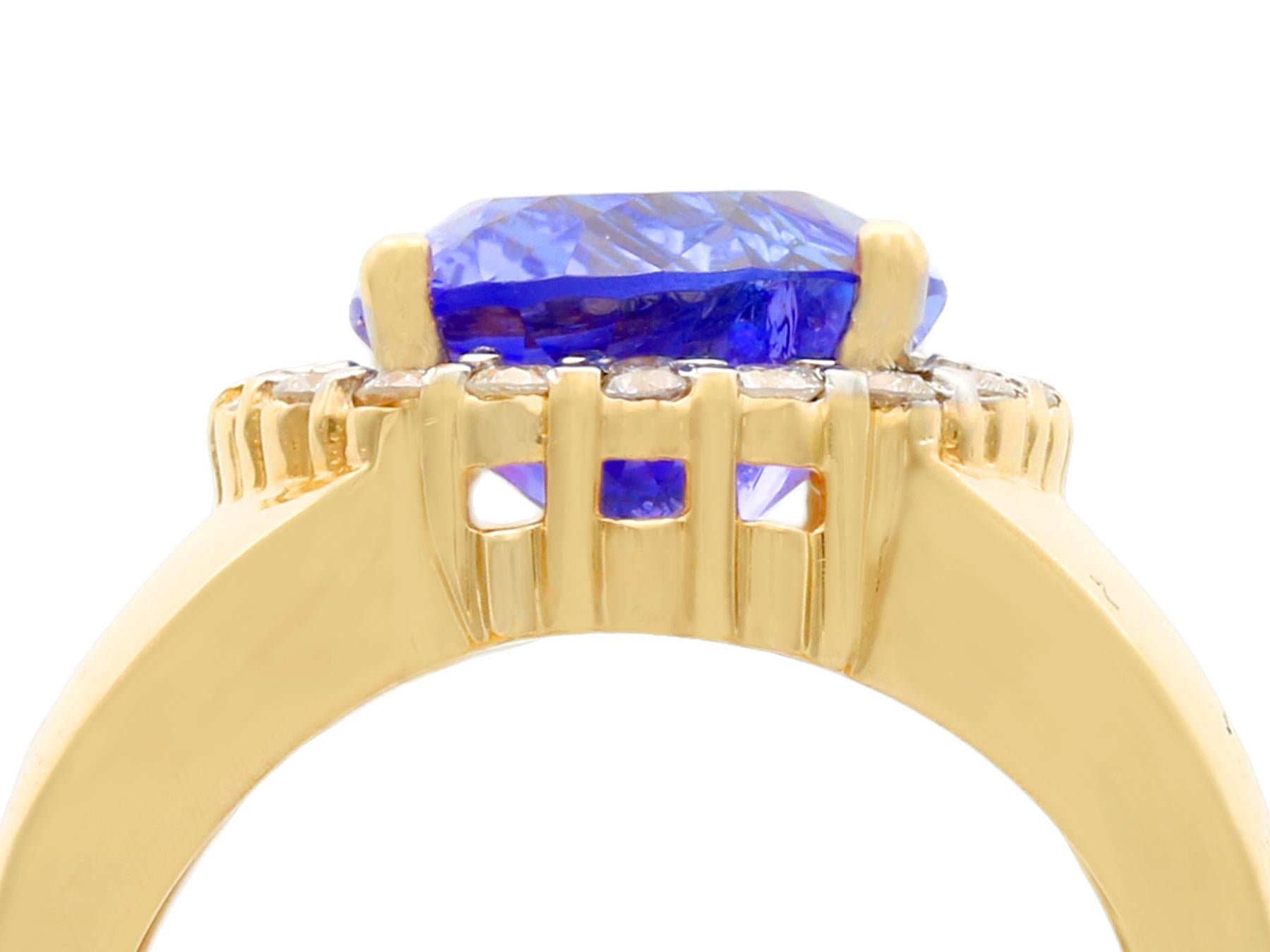 A stunning, fine and impressive vintage 1980s 5.72 carat tanzanite and 0.59 carat diamond, 14 karat yellow gold dress ring; part of our diverse vintage jewelry and estate jewelry collections.

This stunning, fine and impressive vintage ring with