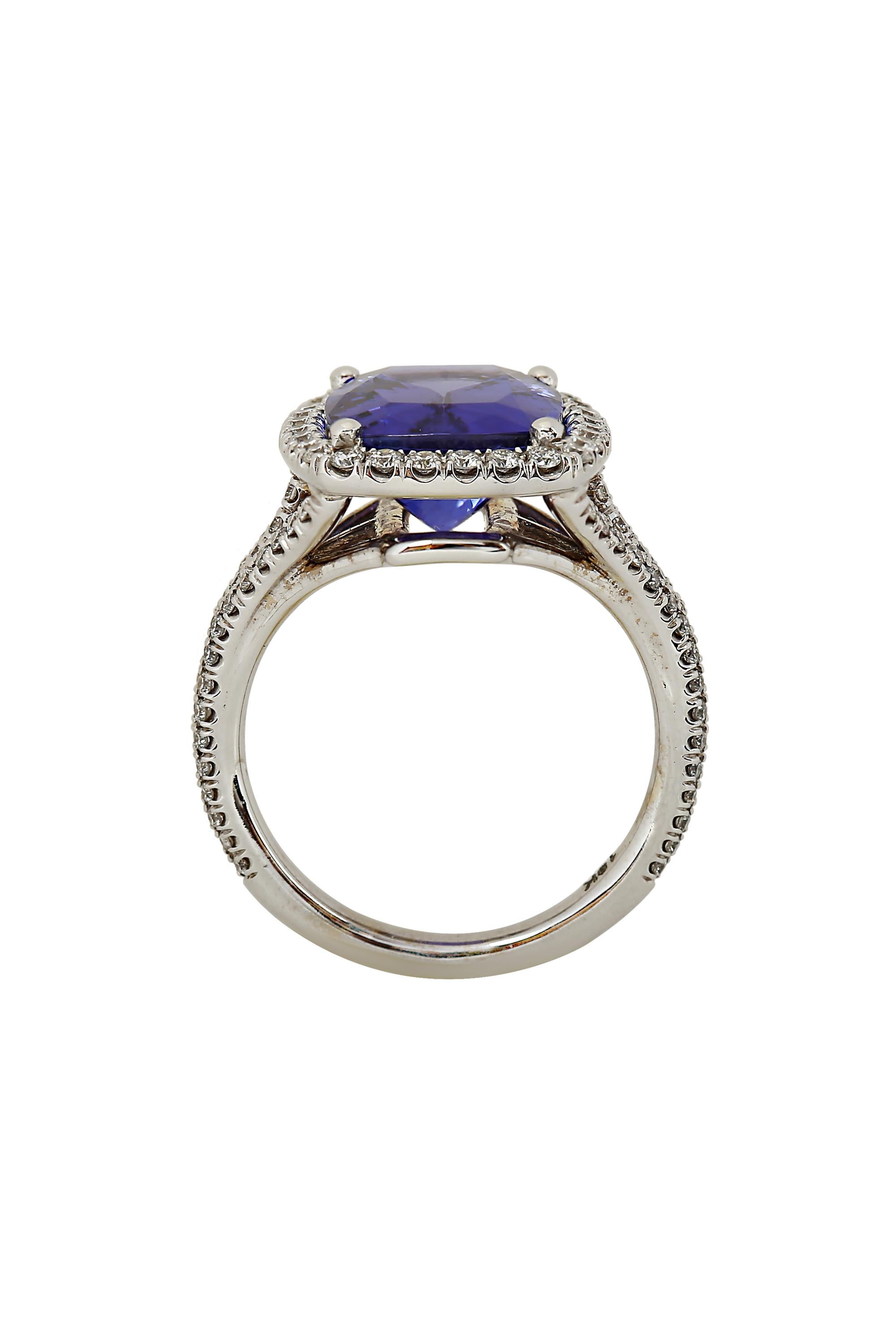 Contemporary Gems Are Forever 5.72 Carat Tanzanite Diamond 18 Karat White Gold Ring For Sale