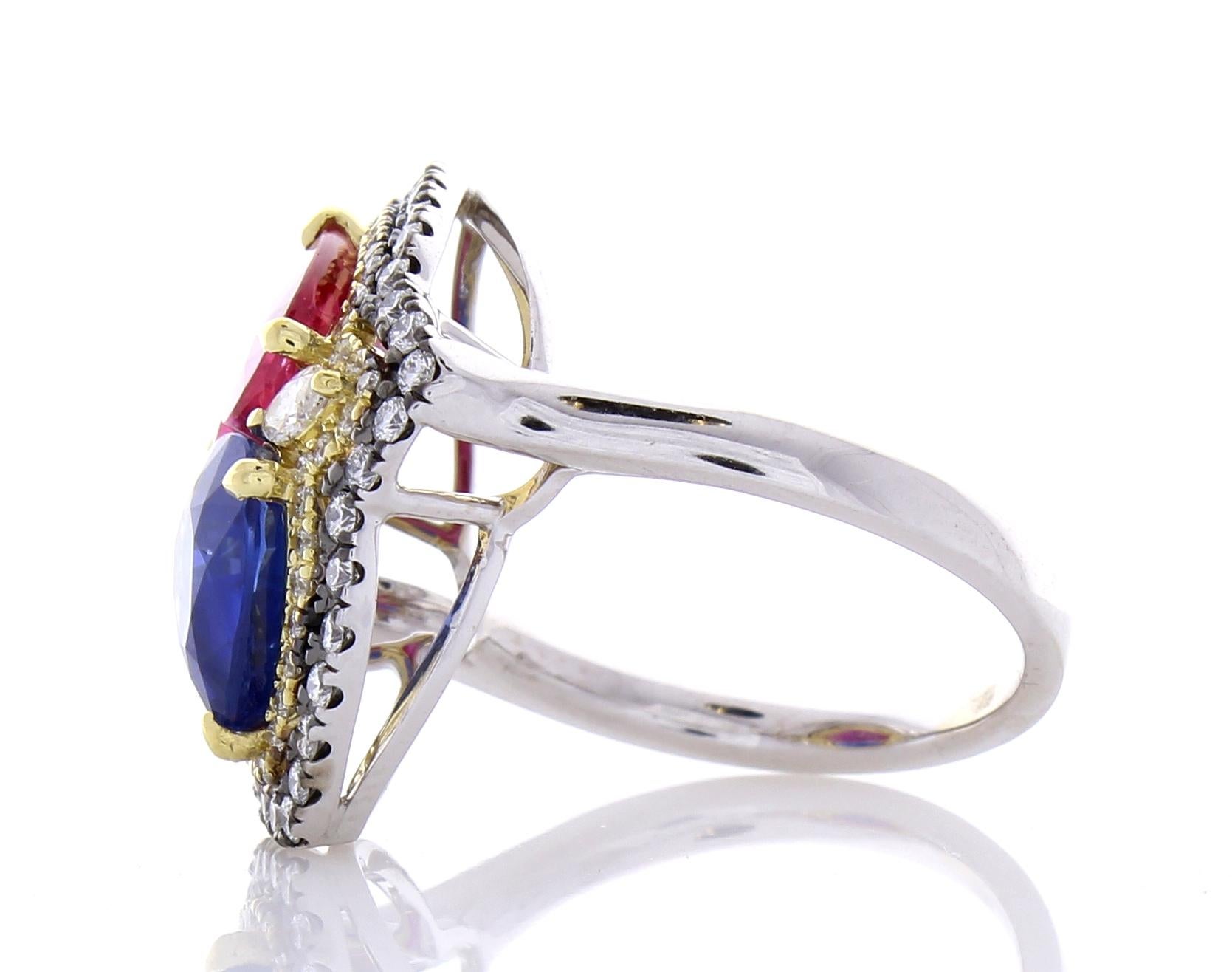 Contemporary 5.72 Carat Total Ruby & Blue Sapphire Cocktail Diamond Two Tone Ring In 18K Gold