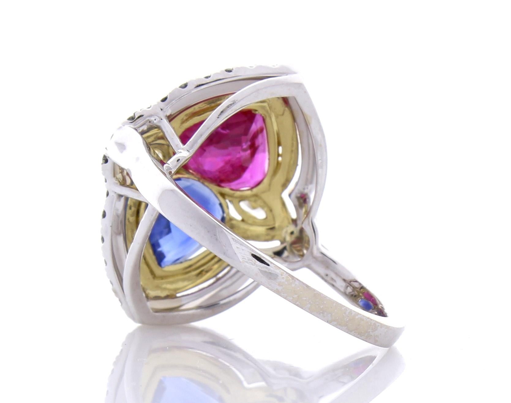 5.72 Carat Total Ruby & Blue Sapphire Cocktail Diamond Two Tone Ring In 18K Gold In New Condition In Chicago, IL