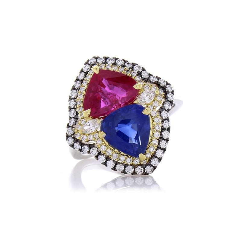 5.72 Carat Total Ruby & Blue Sapphire Cocktail Diamond Two Tone Ring In 18K Gold 1