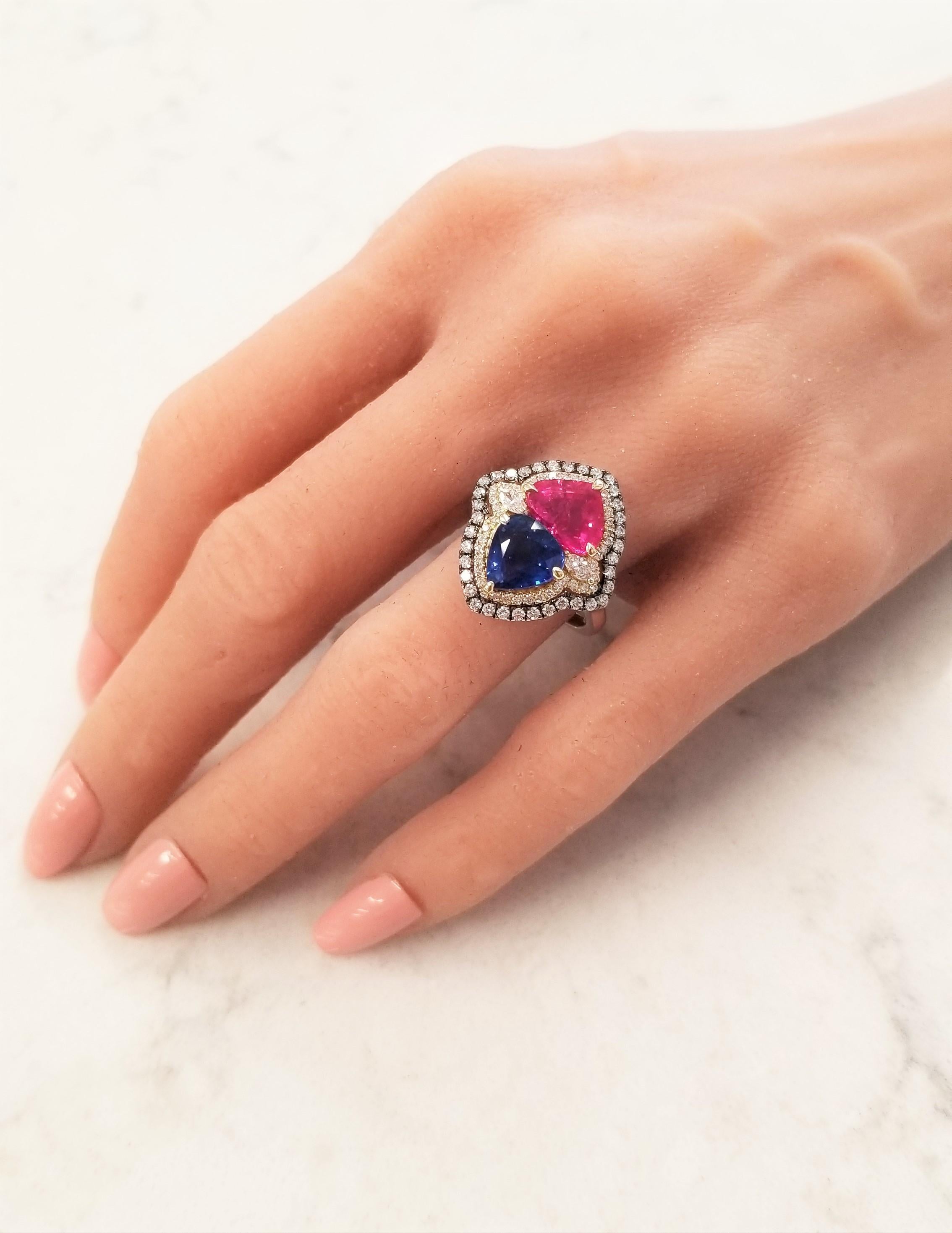 Pear Cut 5.72 Carat Total Ruby & Blue Sapphire Cocktail Diamond Two Tone Ring In 18K Gold