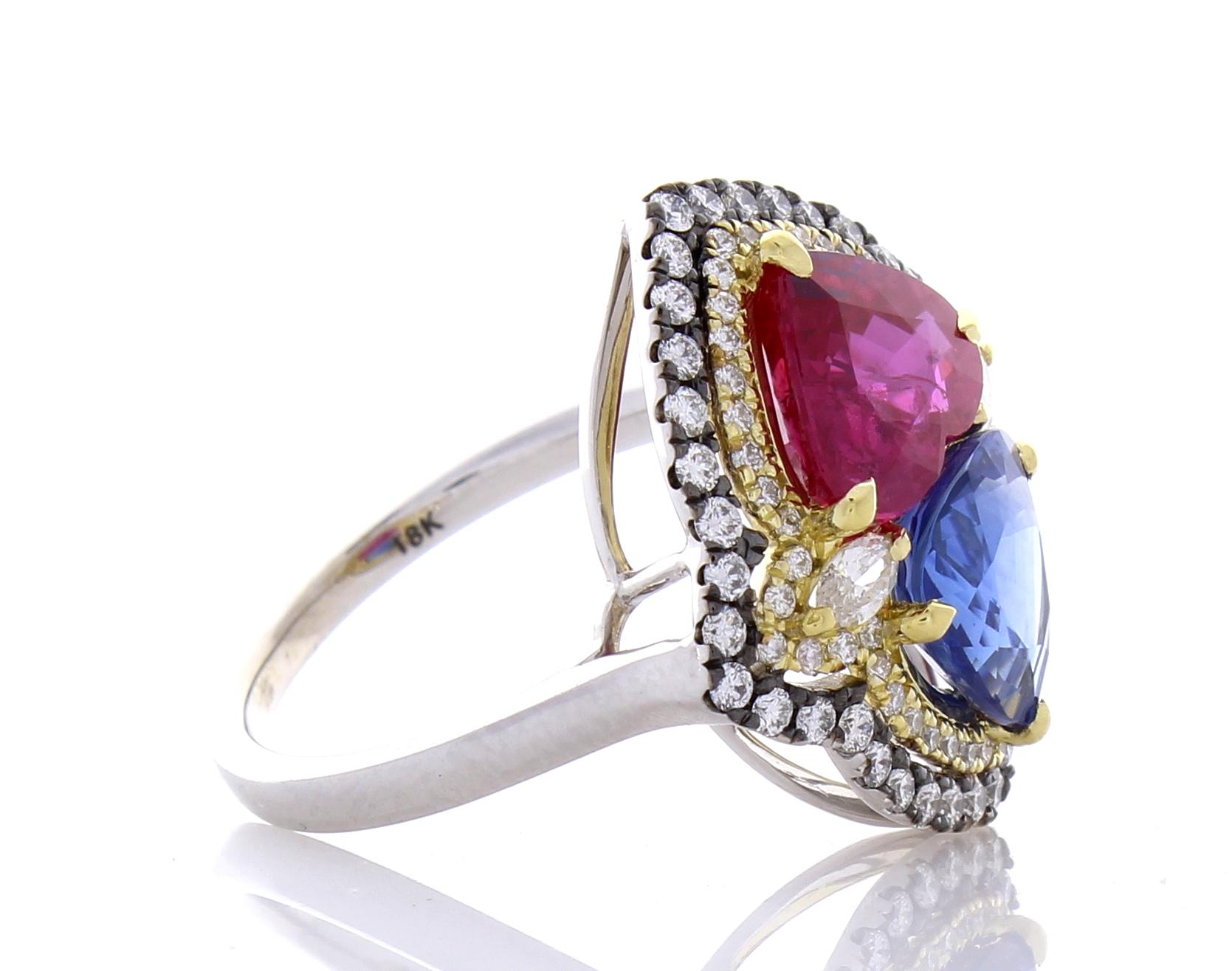 5.72 Carat Total Ruby & Blue Sapphire Cocktail Diamond Two Tone Ring In 18K Gold 2