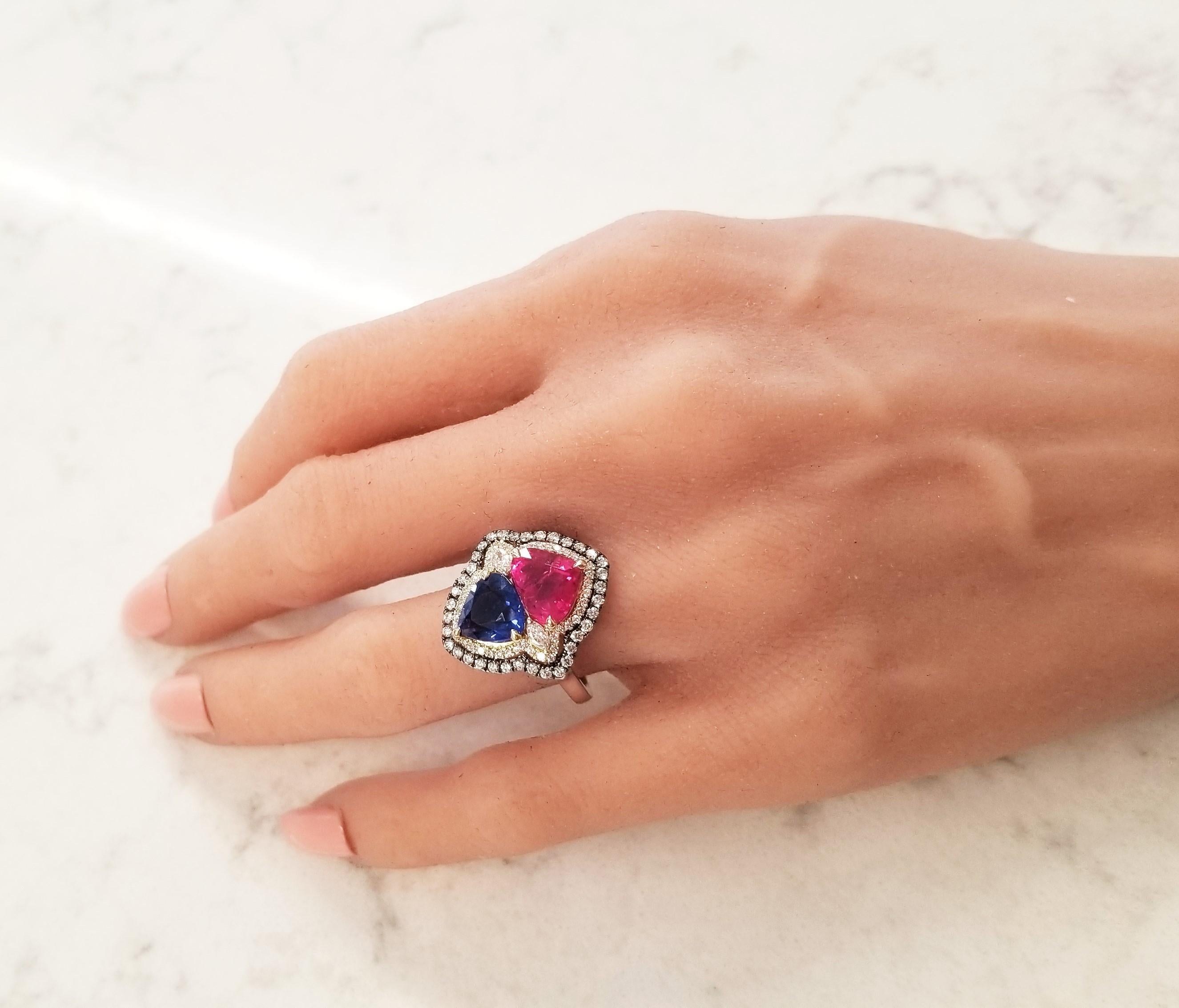 Women's 5.72 Carat Total Ruby & Blue Sapphire Cocktail Diamond Two Tone Ring In 18K Gold