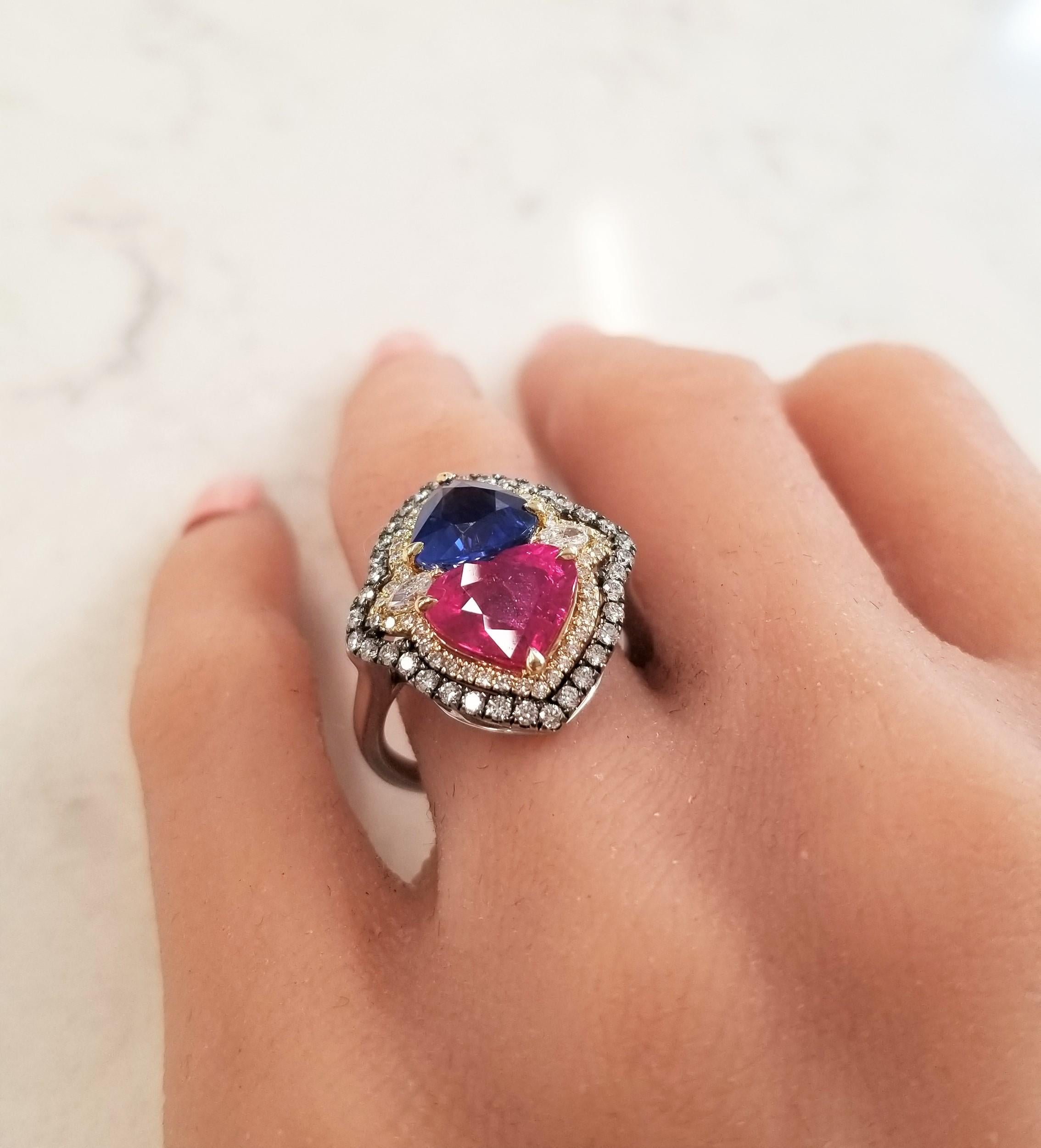 5.72 Carat Total Ruby & Blue Sapphire Cocktail Diamond Two Tone Ring In 18K Gold 3