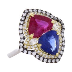 5.72 Carat Total Ruby & Blue Sapphire Cocktail Diamond Two Tone Ring In 18K Gold