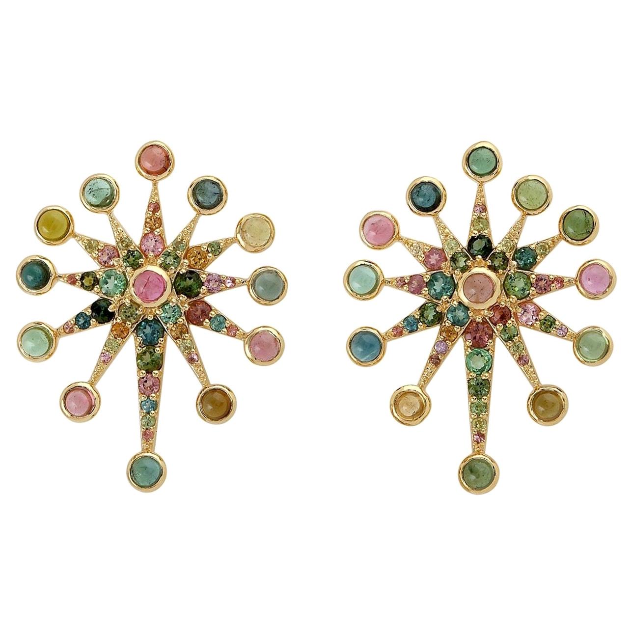 Clous d'oreilles en or 14 carats avec tourmaline et saphir de 5,72 carats en vente