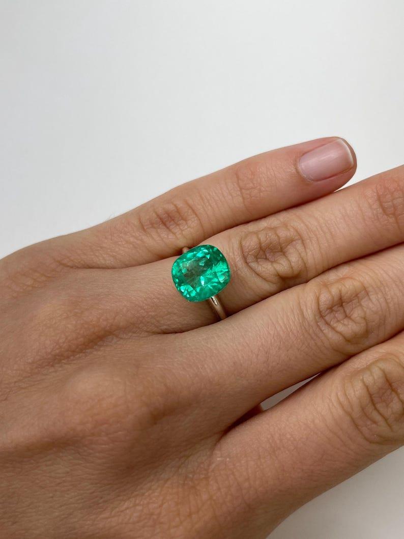 5.72 Carat Vivid Bluish Green Colombian Emerald - Muzo Cushion Cut May Birthston For Sale 4