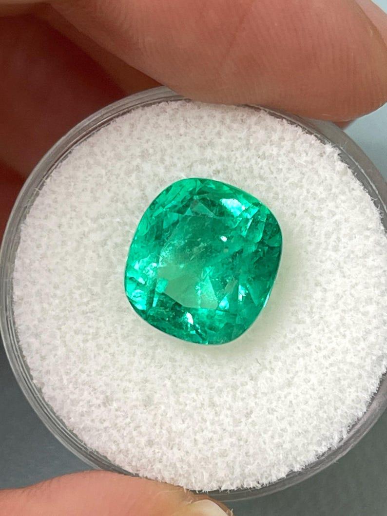 Modern 5.72 Carat Vivid Bluish Green Colombian Emerald - Muzo Cushion Cut May Birthston For Sale