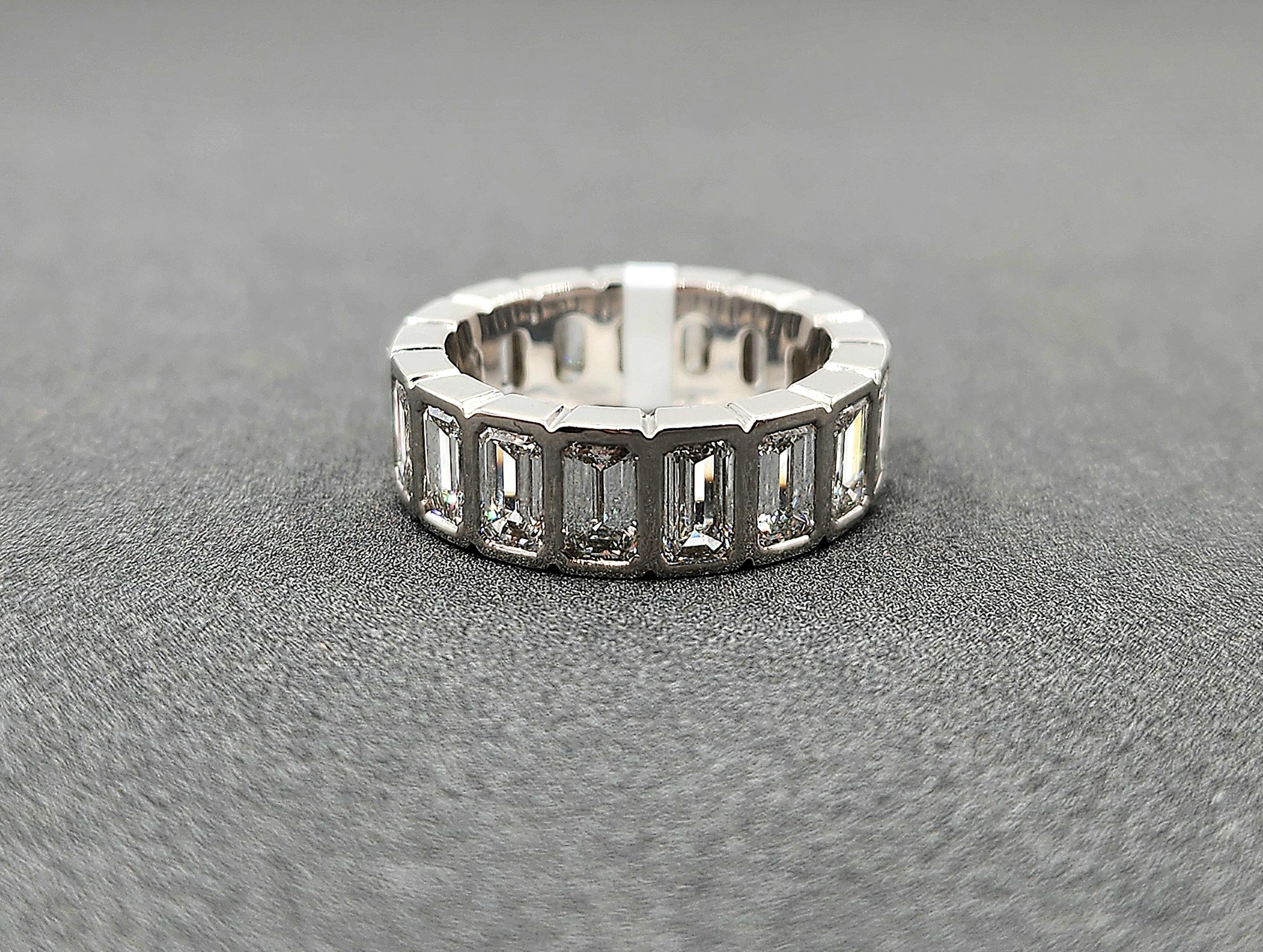 5.72 Carat Emerald-Cut Bezel-Set Diamond Eternity Ring, 17 Diamonds, Platinum For Sale 2