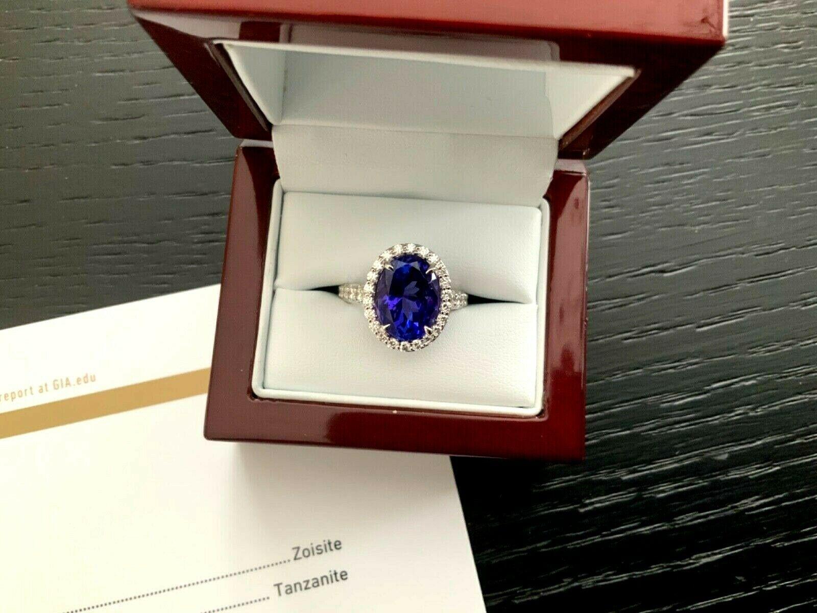 5.72 Carat Natural Oval Violet Tanzanite and Diamond Ring Platinum GIA Certified For Sale 6
