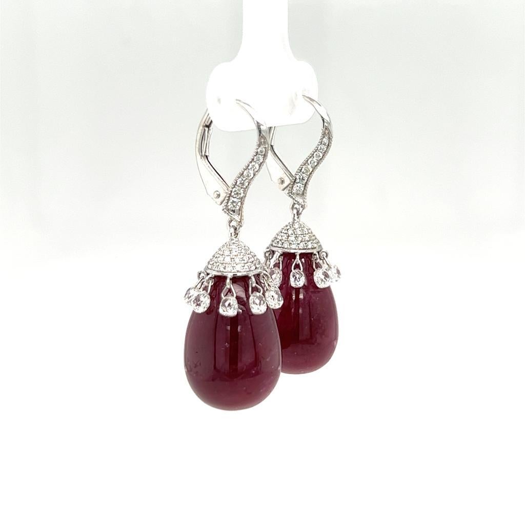 Uncut 57.22 Carats Ruby and Diamond Earrings on 18 Karat White Gold For Sale
