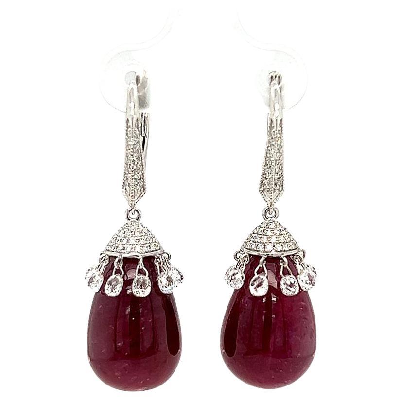 57.22 Carats Ruby and Diamond Earrings on 18 Karat White Gold For Sale