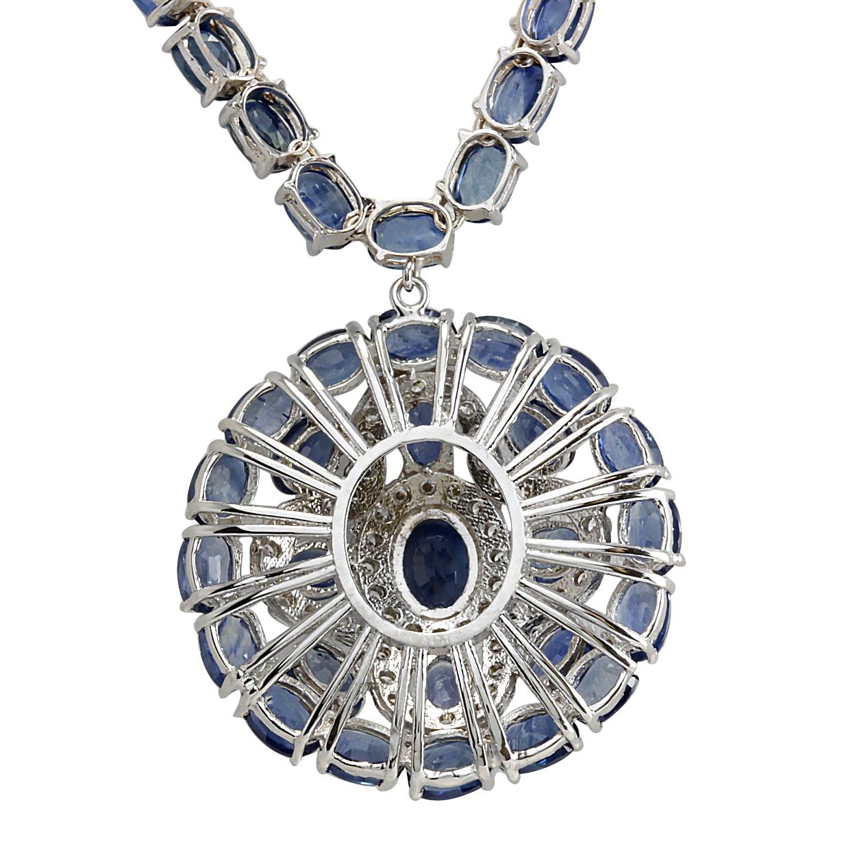 Stamped: 14K White Gold
Total Necklace Weight: 29.0 Grams
Necklace Length: 17 Inches
Total Natural Center Sapphire Weight is 1.25 Carat (Measures: 8.00x6.00 mm)
Color: Blue
Total Natural Side Sapphire Weight is 54.45 Carat
Color: Blue
Total Natural