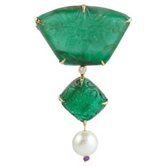 57.28ct Carved Emerald One Of A Kind Pendant With Pearl Made In 18k Yellow Gold