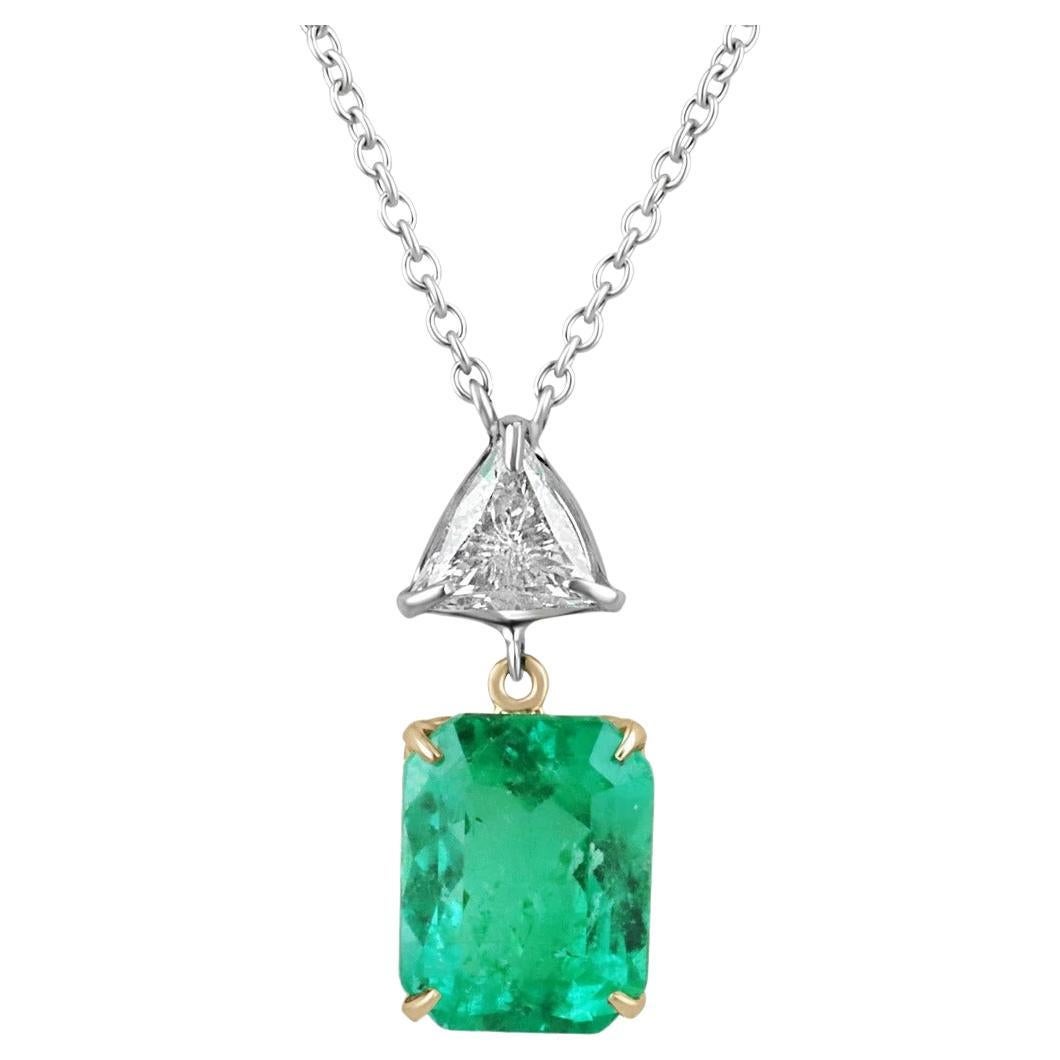 5.72tcw 18K Fine Emerald Cut Colombian Emerald & Trillion Diamond Accent Necklac For Sale