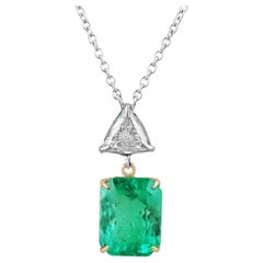 5.72tcw 18K Fine Emerald Cut Colombian Emerald & Trillion Diamond Accent Necklac