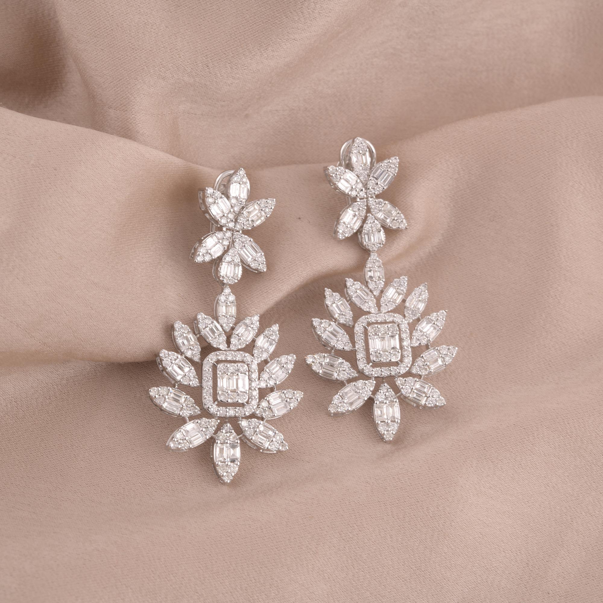 Modern 5.73 Carat Baguette Diamond Dangle Earrings 18 Karat White Gold Handmade Jewelry For Sale