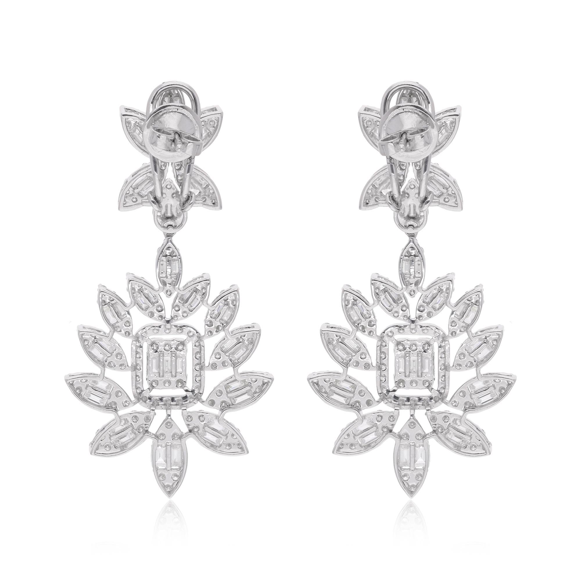 Women's 5.73 Carat Baguette Diamond Dangle Earrings 18 Karat White Gold Handmade Jewelry For Sale