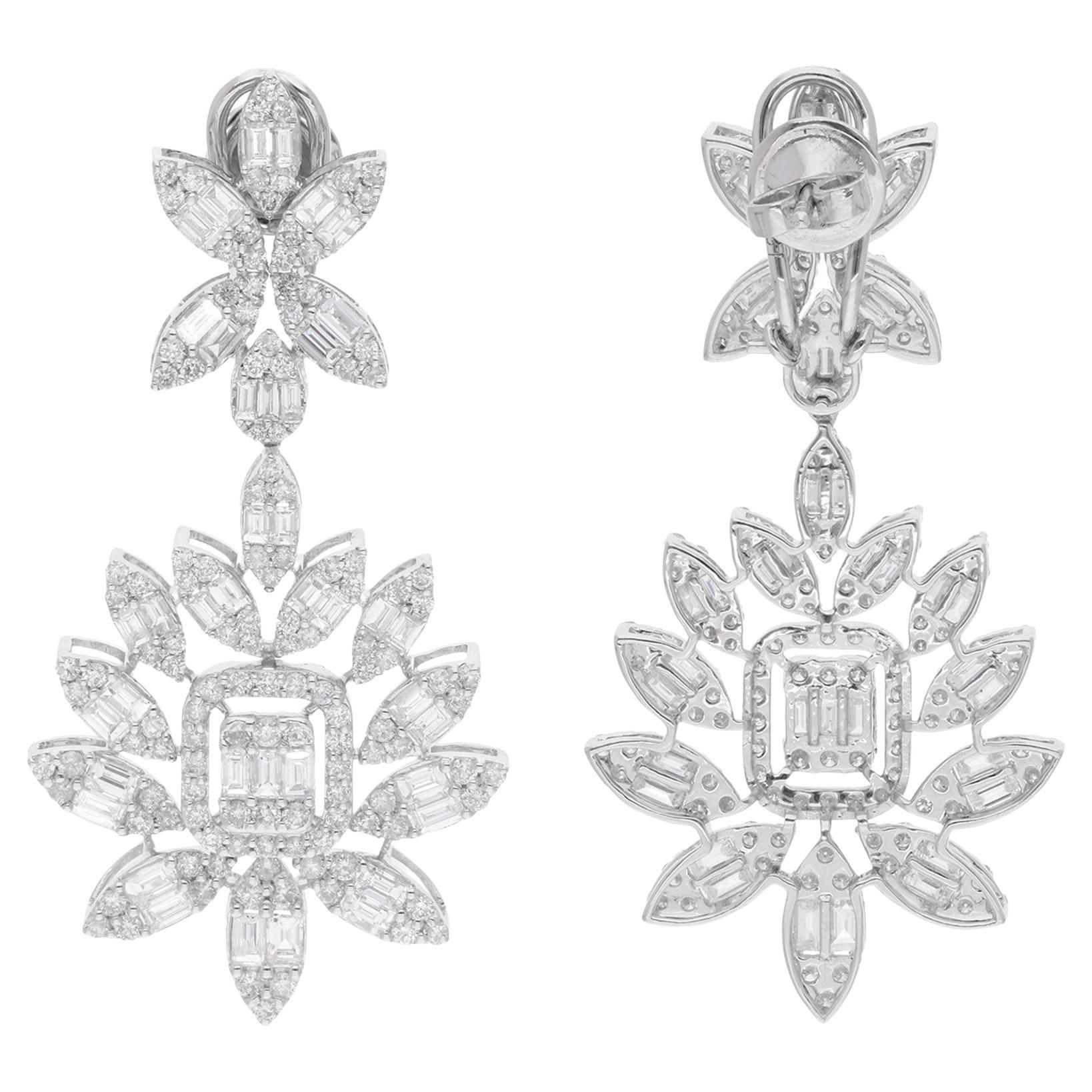 Pendants d'oreilles en or blanc 18 carats avec diamants baguettes de 5,73 carats, fabrication artisanale