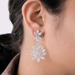 5.73 Carat Diamond Cluster Floral Earrings in 18K White Solid Gold Jewelry