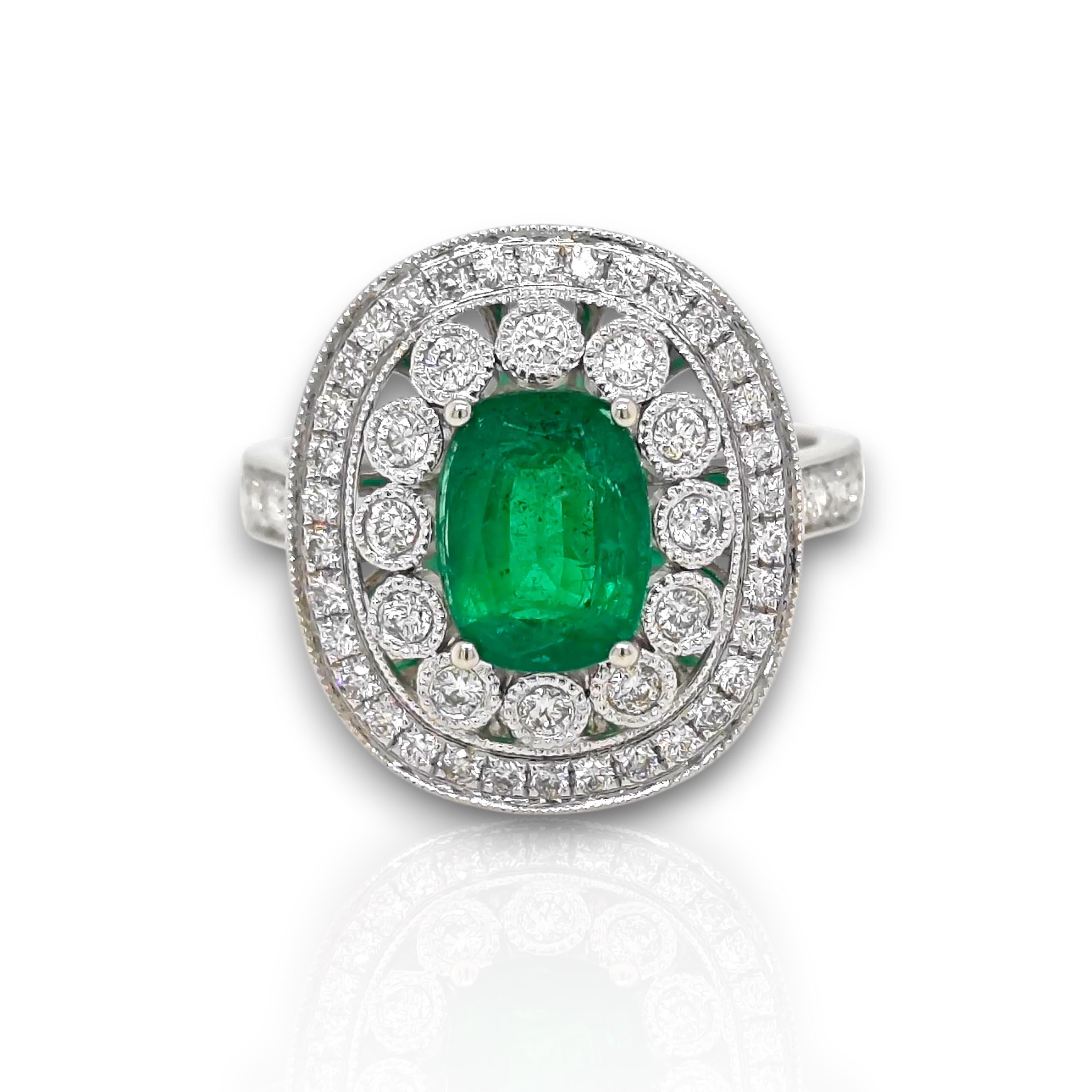 1 Emerald Gemstone: 1.43 Carats
58 White Round Diamonds: 0.63 Carats
Metal: 18K White Gold, 5.10 Grams
