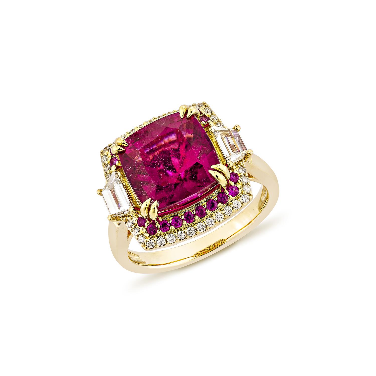 Contemporary Sunita Nahata Rubellite 5.73ct. Cocktail Ring in 18KYG with Ruby and Diamond. For Sale
