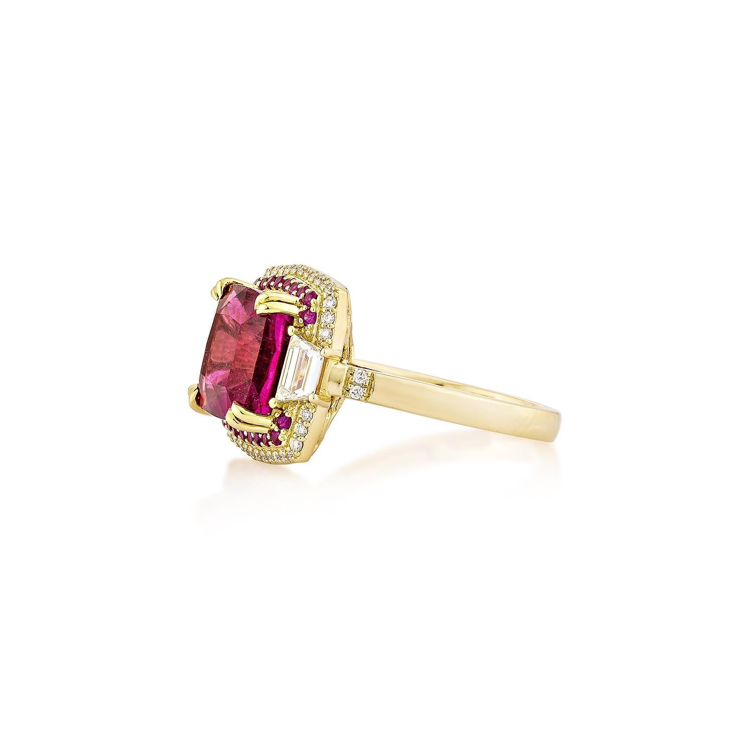 Cushion Cut 5.73 Carat Rubellite Cocktail Ring in 18Karat Yellow Gold with Ruby and Diamond. For Sale