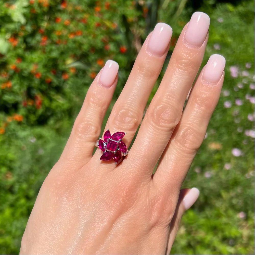 Modern 5.73 Carat Square Burma Ruby GIA, Marquis Ruby and Diamond Vintage Platinum Ring For Sale