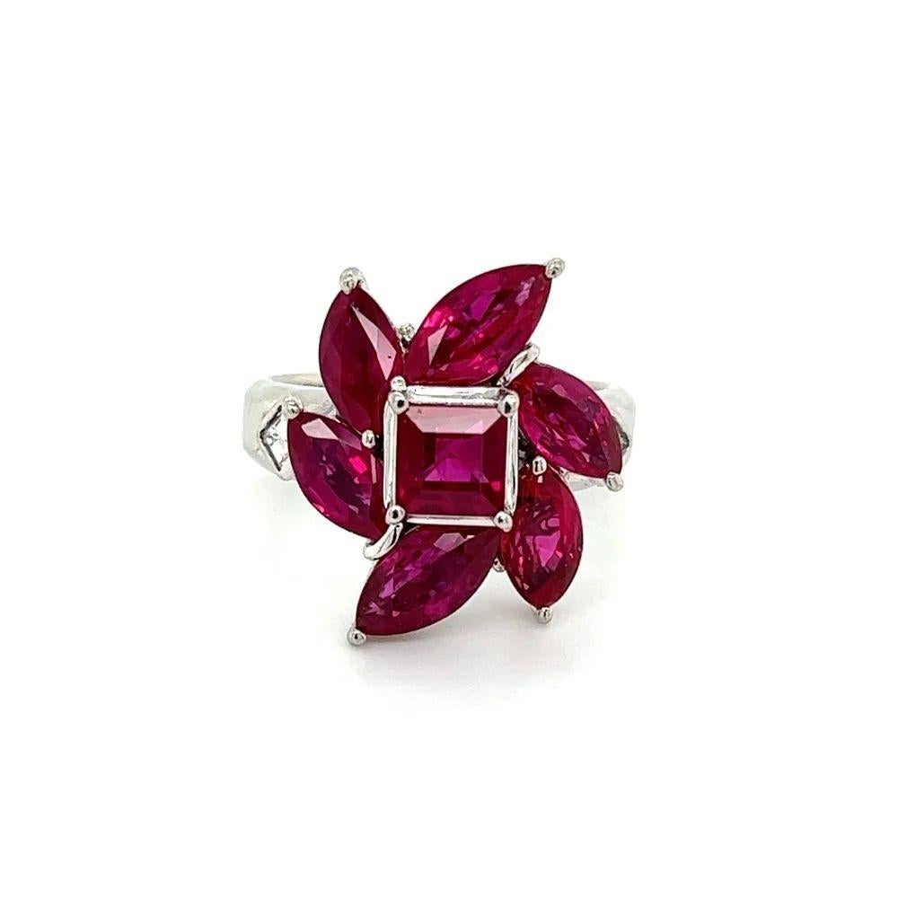Mixed Cut 5.73 Carat Square Burma Ruby GIA, Marquis Ruby and Diamond Vintage Platinum Ring For Sale