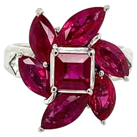 5.73 Carat Square Burma Ruby GIA, Marquis Ruby and Diamond Vintage Platinum Ring For Sale
