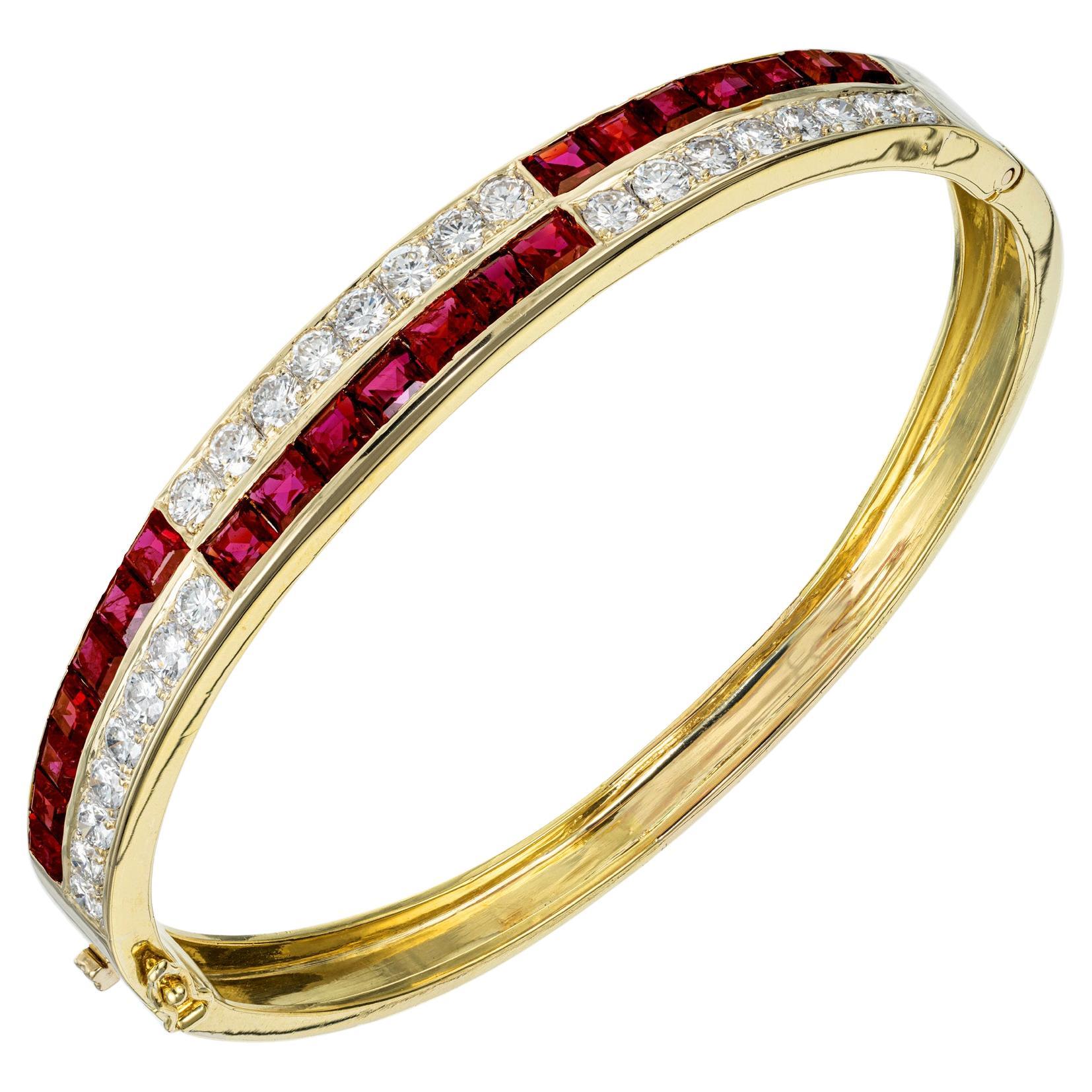 5.73 Carat Square Ruby Diamond Gold Hinged Bangle Bracelet For Sale