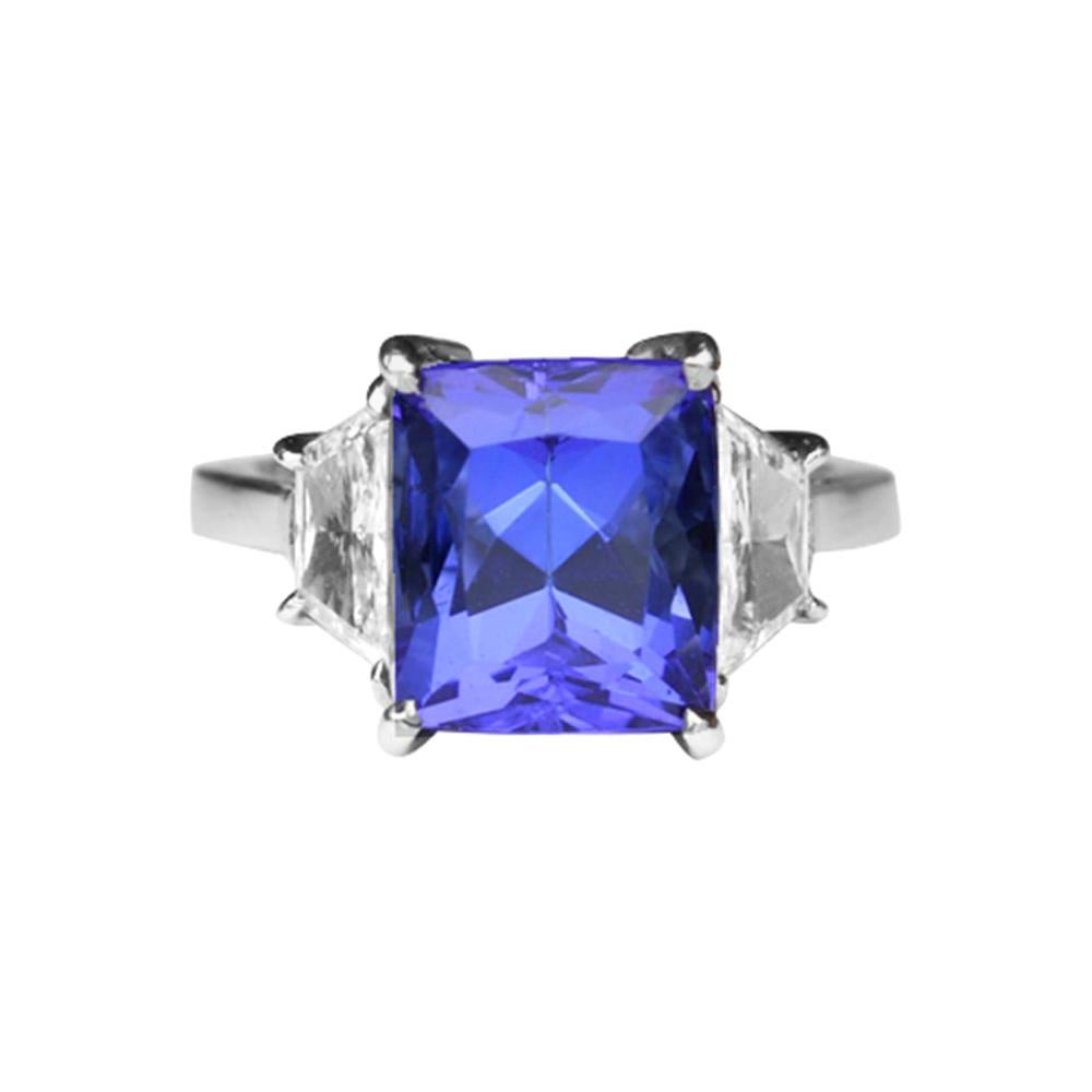 5.73 Carat Tanzanite Cushion and Diamond Platinum Ring Fine Estate Jewelry