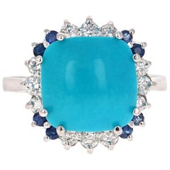 5.73 Carat Turquoise Sapphire Diamond 14 Karat White Gold Cocktail Ring