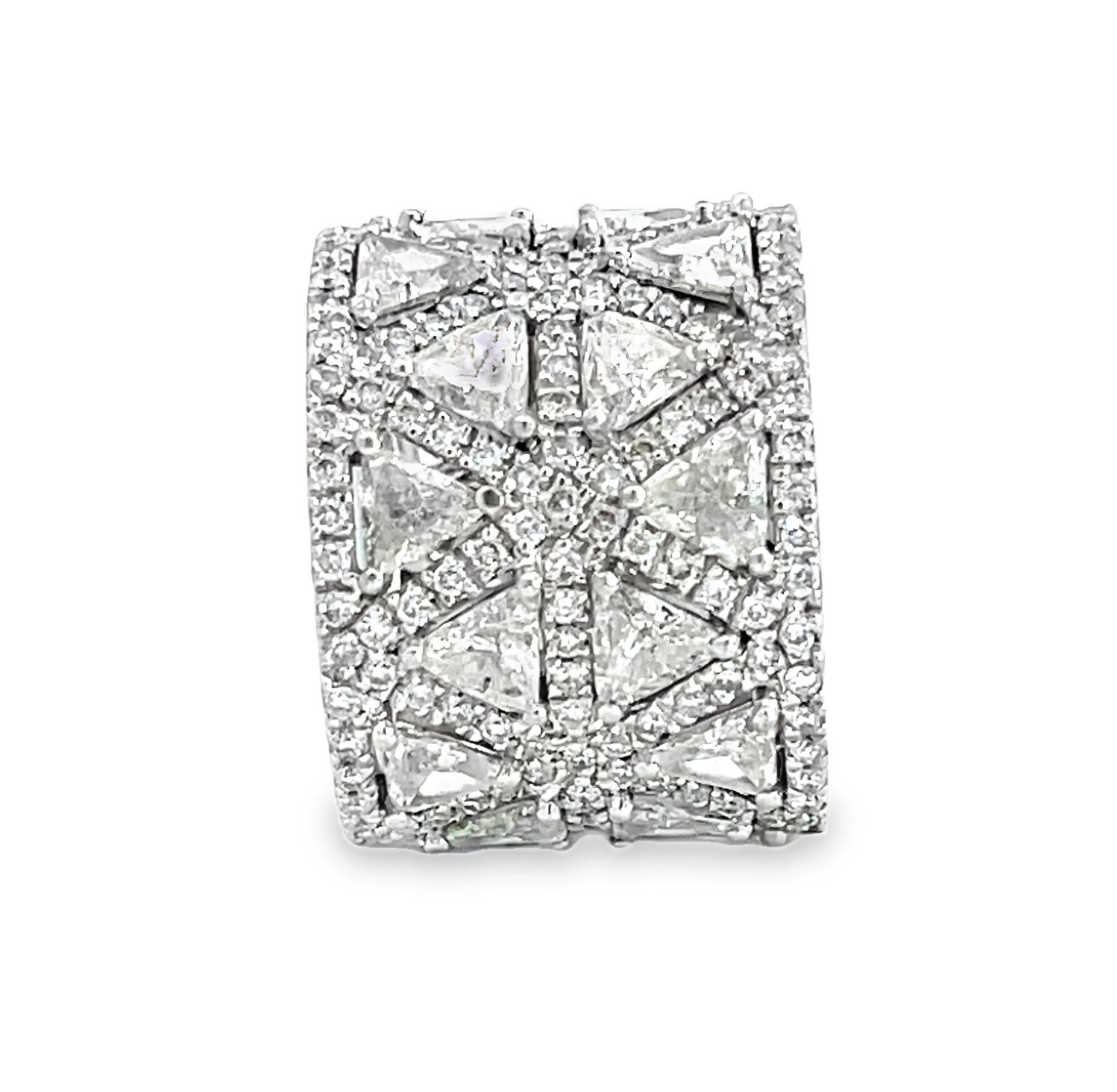 This striking wide 5.73-carat total weight Trilliant Cut Bridal Diamond Band Ring is a statement of luxury and craftsmanship, designed for those who appreciate bold yet elegant jewelry. The 1.5 cm wide band showcases a dazzling arrangement of 4.13