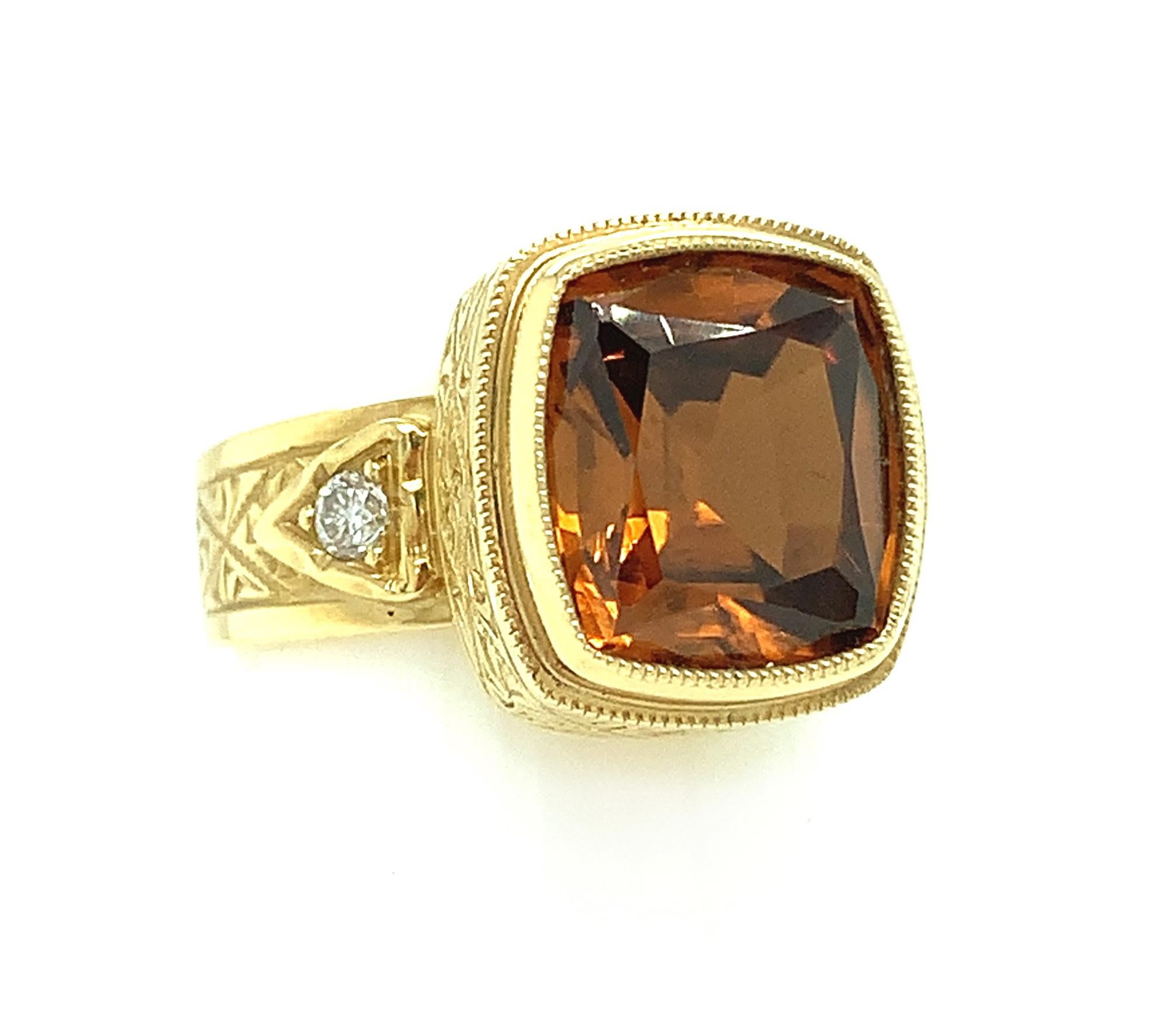 Artisan 5.73 ct. Orange Zircon and Diamond Band Ring in 18k Yellow Gold For Sale
