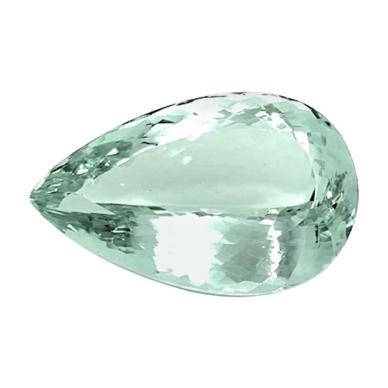 This 57.30 carat pear shaped unheated aquamarine is a beautiful shade of bright, slightly bluish green. Measuring 34.50 x 21.60 x 13.00 millimeters, it has beautiful proportions and exceptional clarity. This large gemstone would be gorgeous on