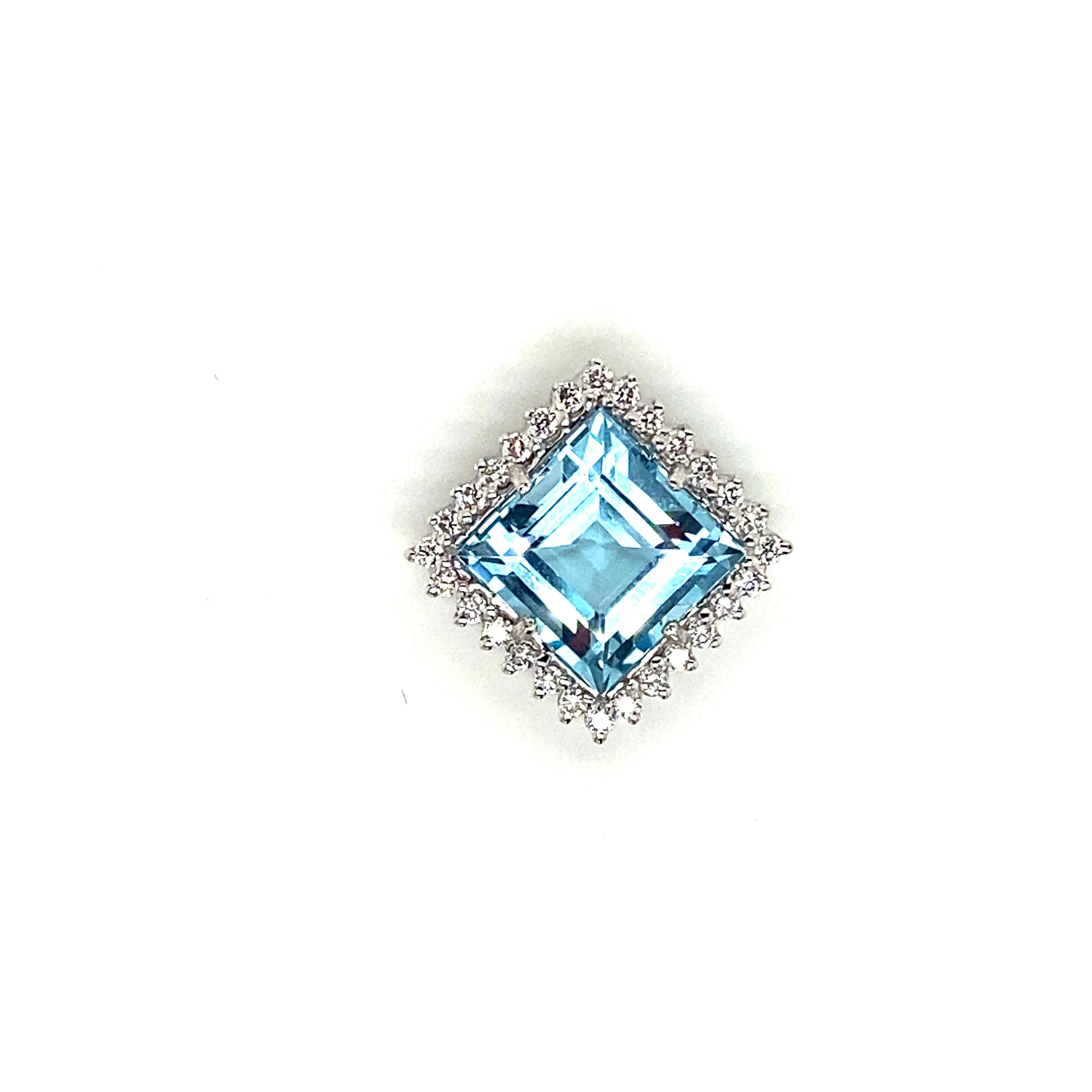 5.74 Carat Blue Topaz and White Diamond Gold Pendant:

A cute pendant, it features a gorgeous asscher-cut blue topaz weighing 5.74 carat surrounded by a halo of white round brilliant-cut diamonds weighing 0.34 carat. The topaz possesses a soothing