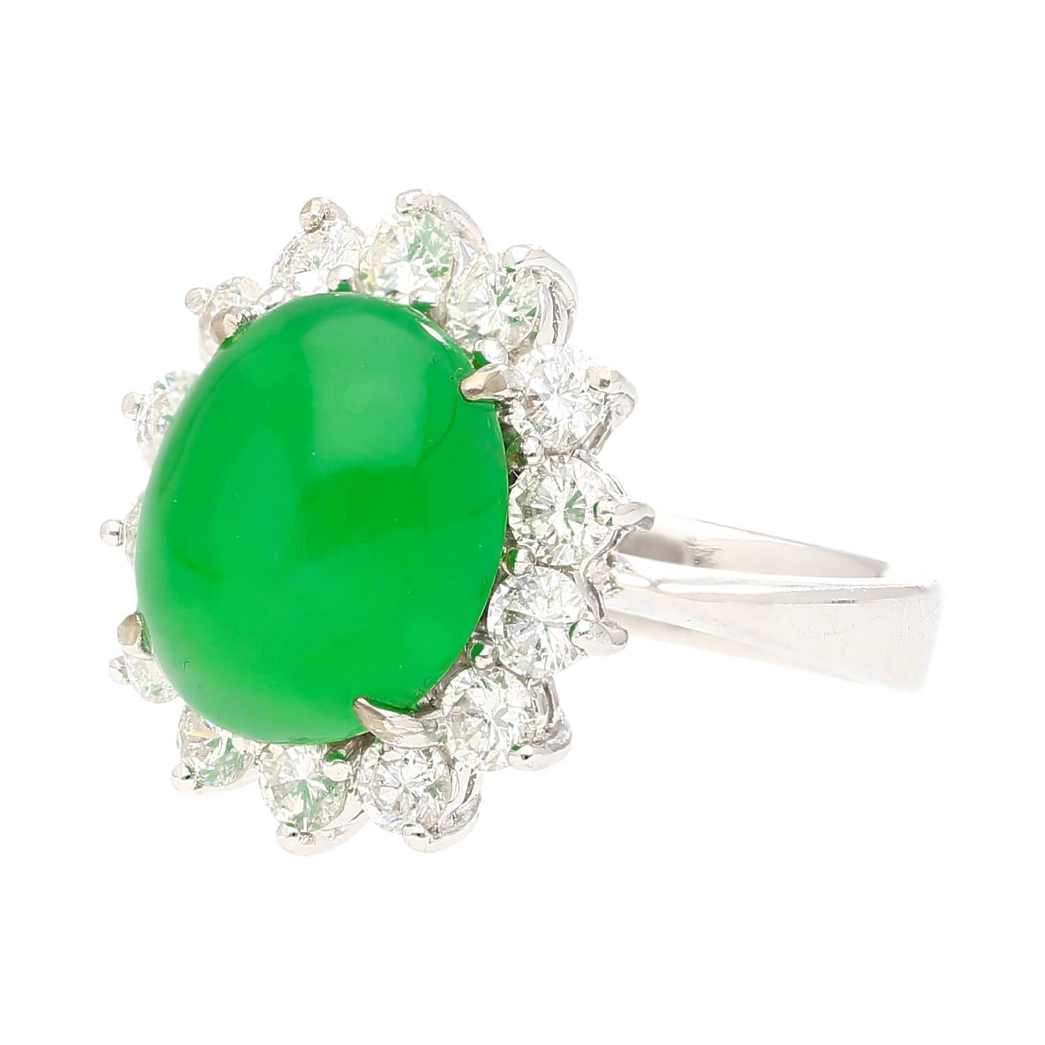 Round Cut 5.74 Carat Grade A Green Jade with Round-Cut Diamond Halo Ring For Sale