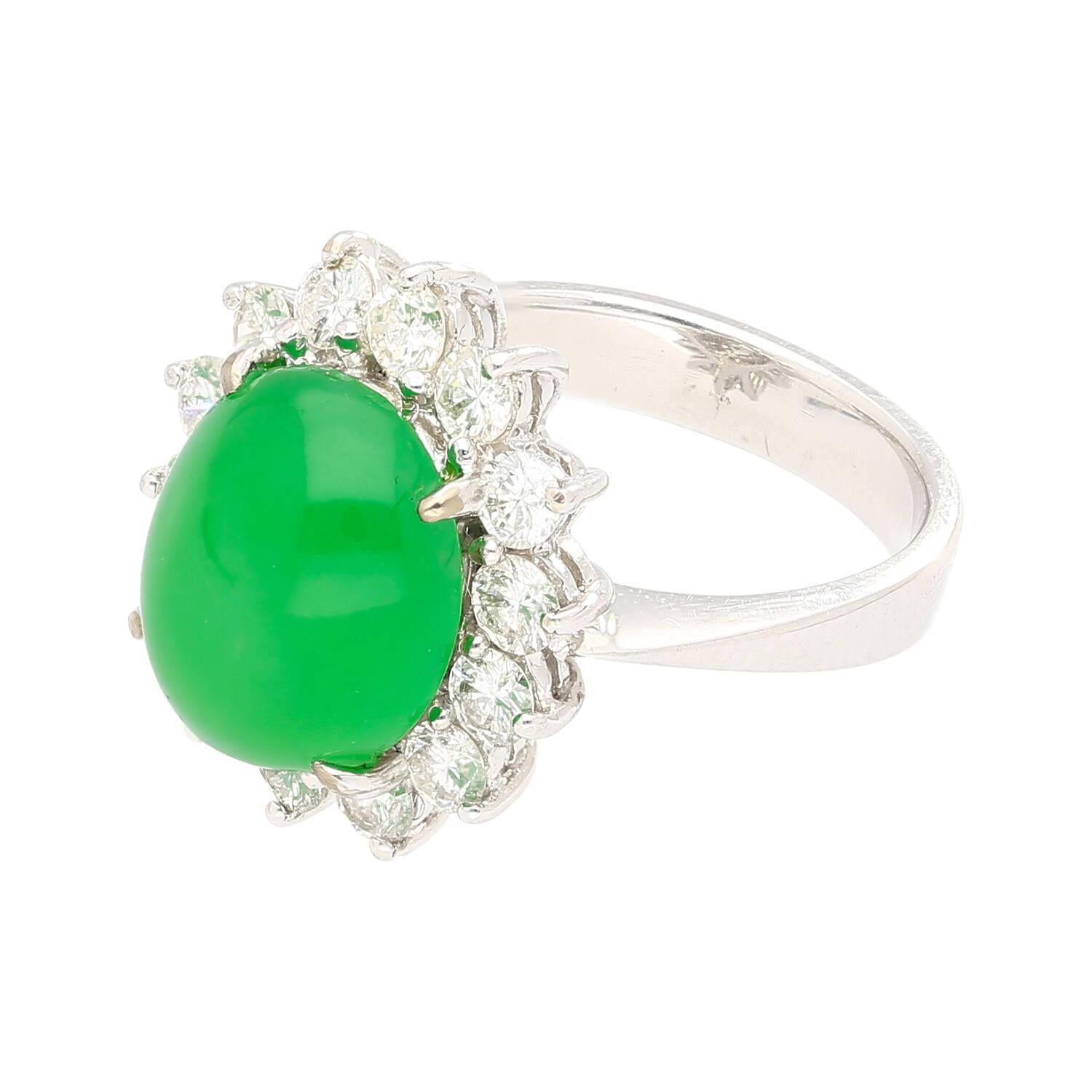 Women's 5.74 Carat Grade A Green Jade with Round-Cut Diamond Halo Ring For Sale