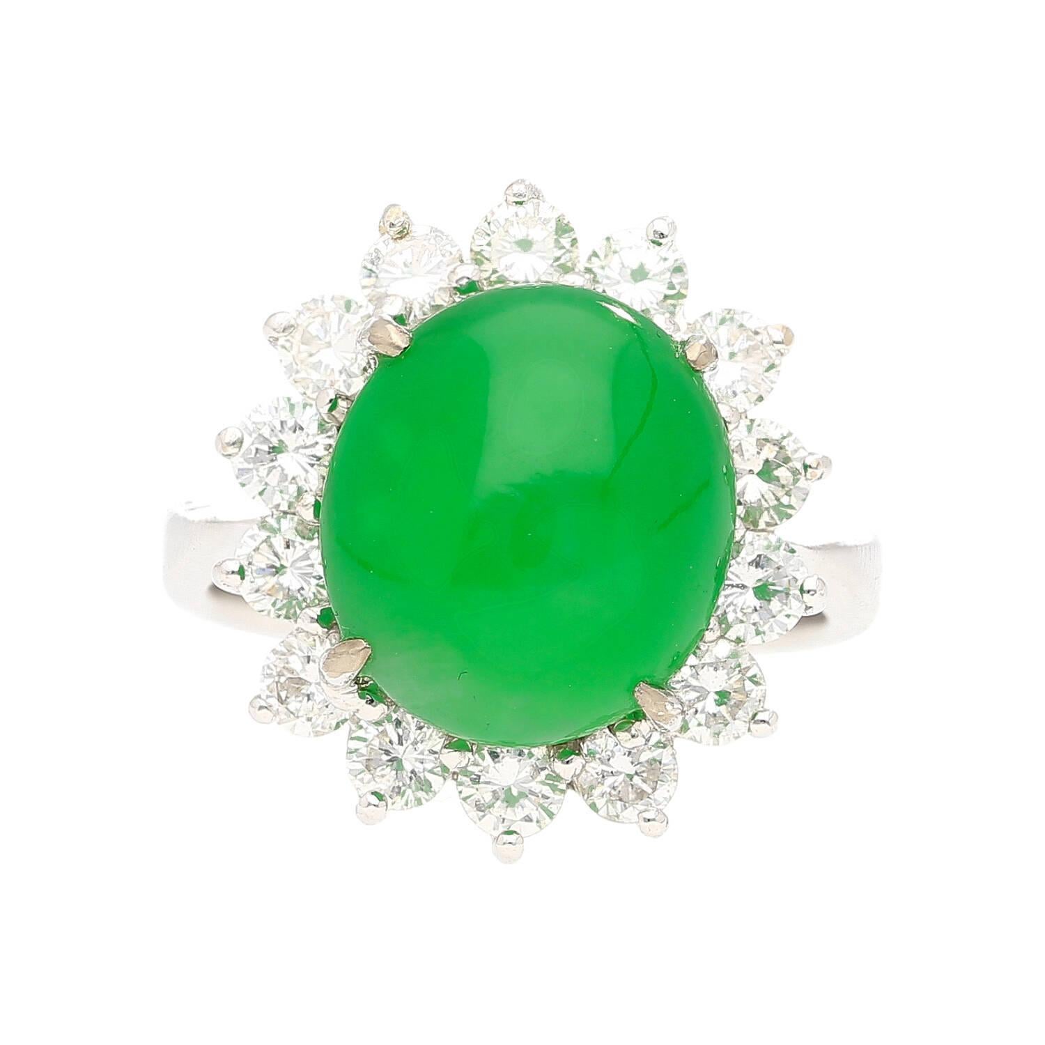 5.74 Carat Grade A Green Jade with Round-Cut Diamond Halo Ring For Sale