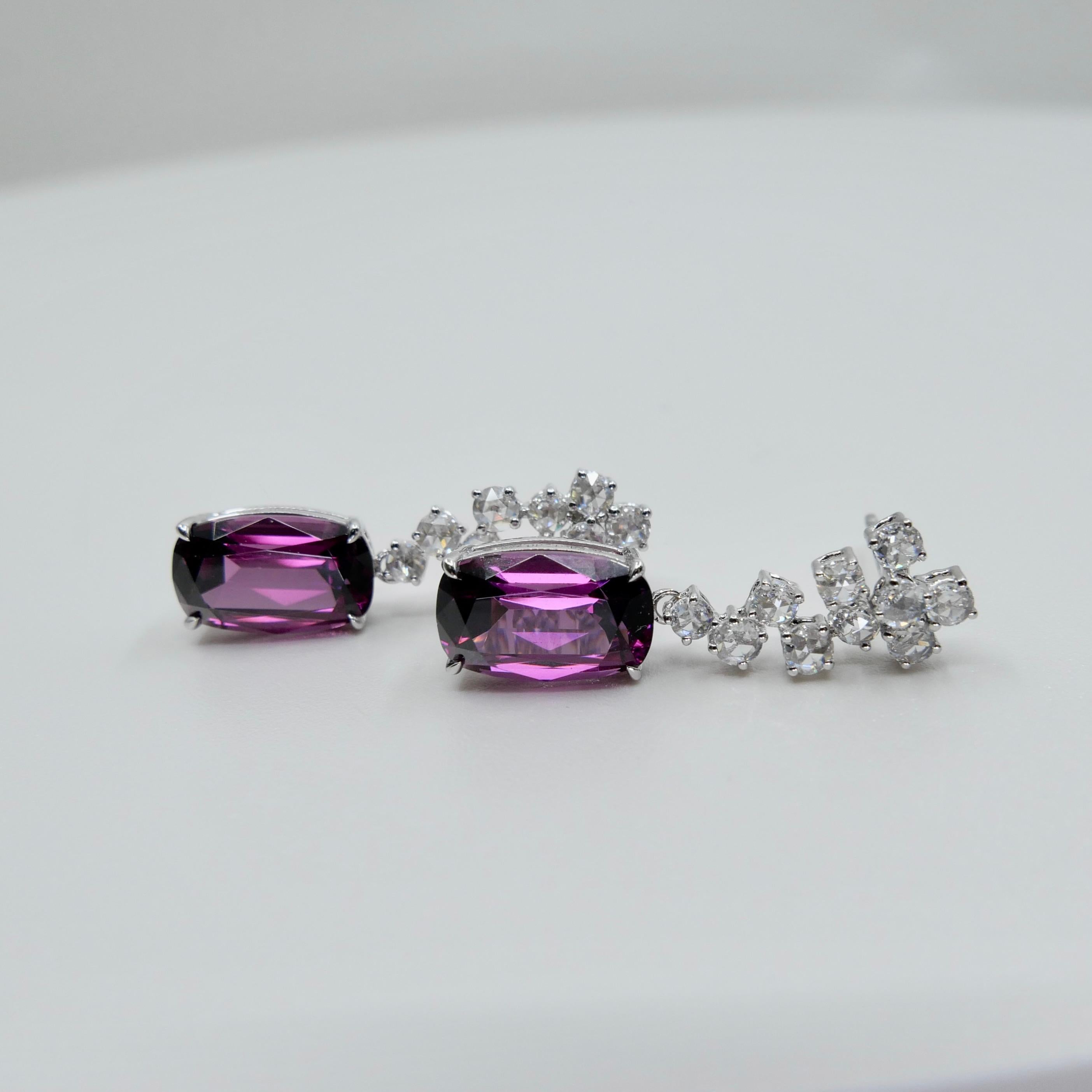 Pendientes de granate rodolita natural de 10,4 mm x 6,5 mm y diamante talla rosa. en venta 4