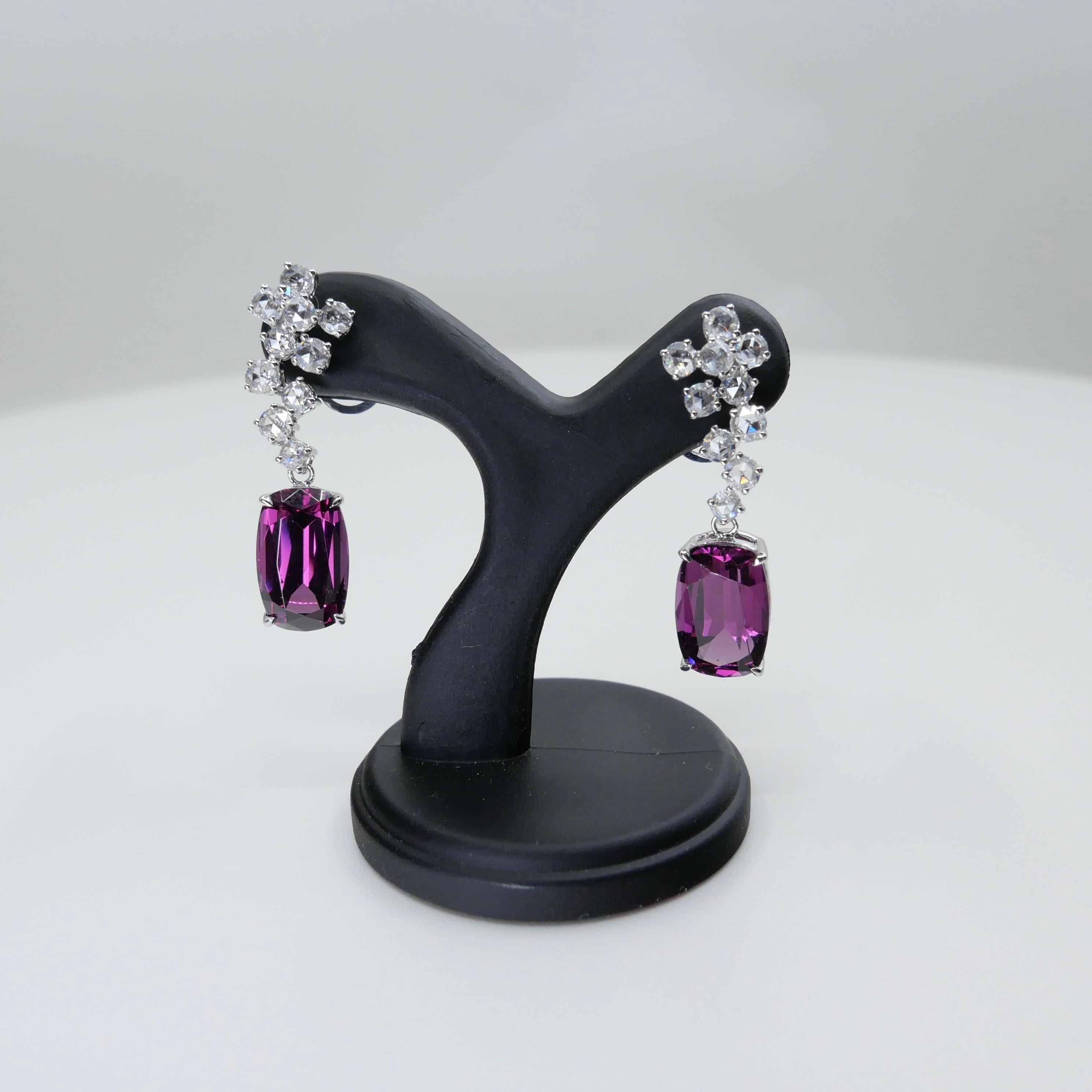 Pendientes de granate rodolita natural de 10,4 mm x 6,5 mm y diamante talla rosa. en venta 5
