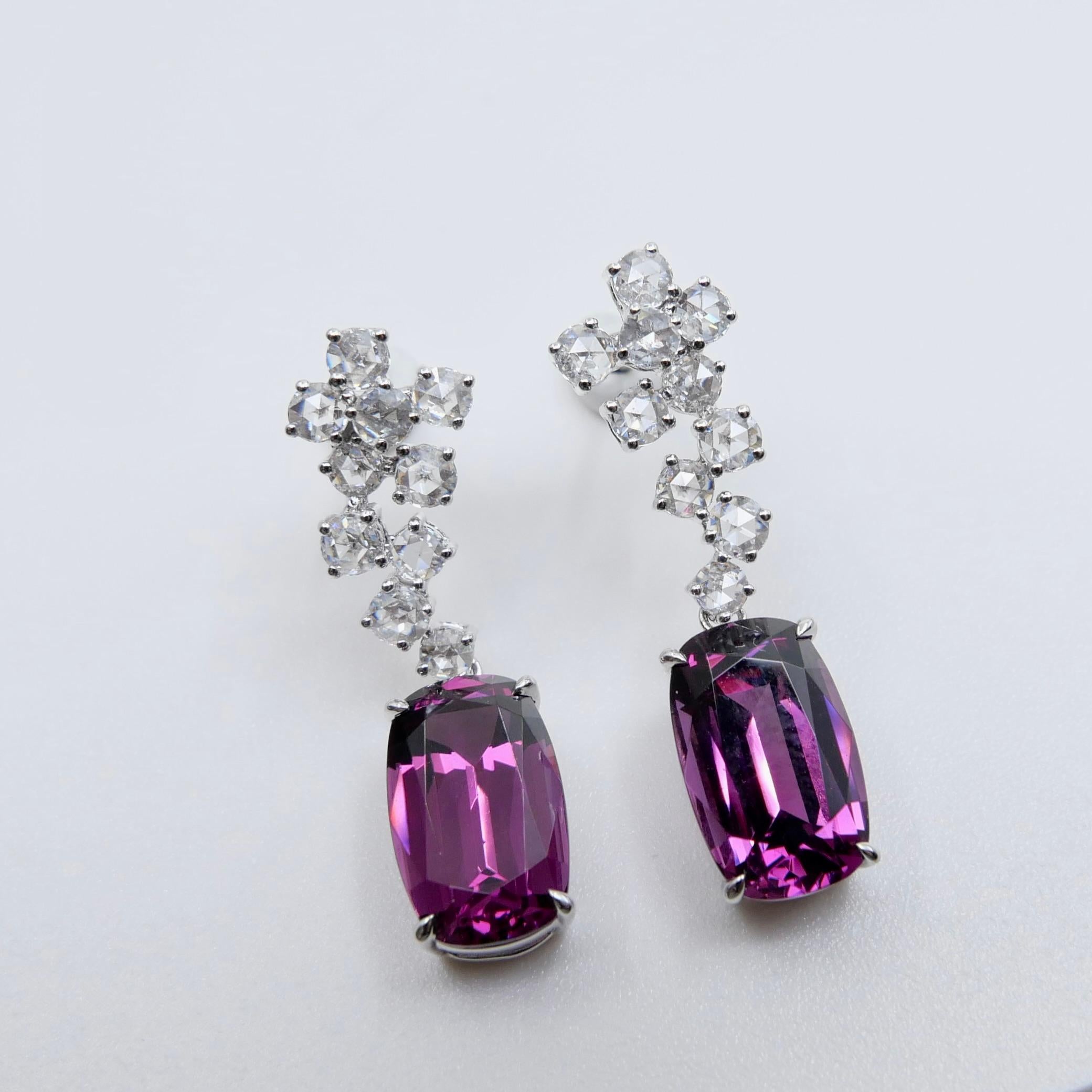 Pendientes de granate rodolita natural de 10,4 mm x 6,5 mm y diamante talla rosa. en venta 6