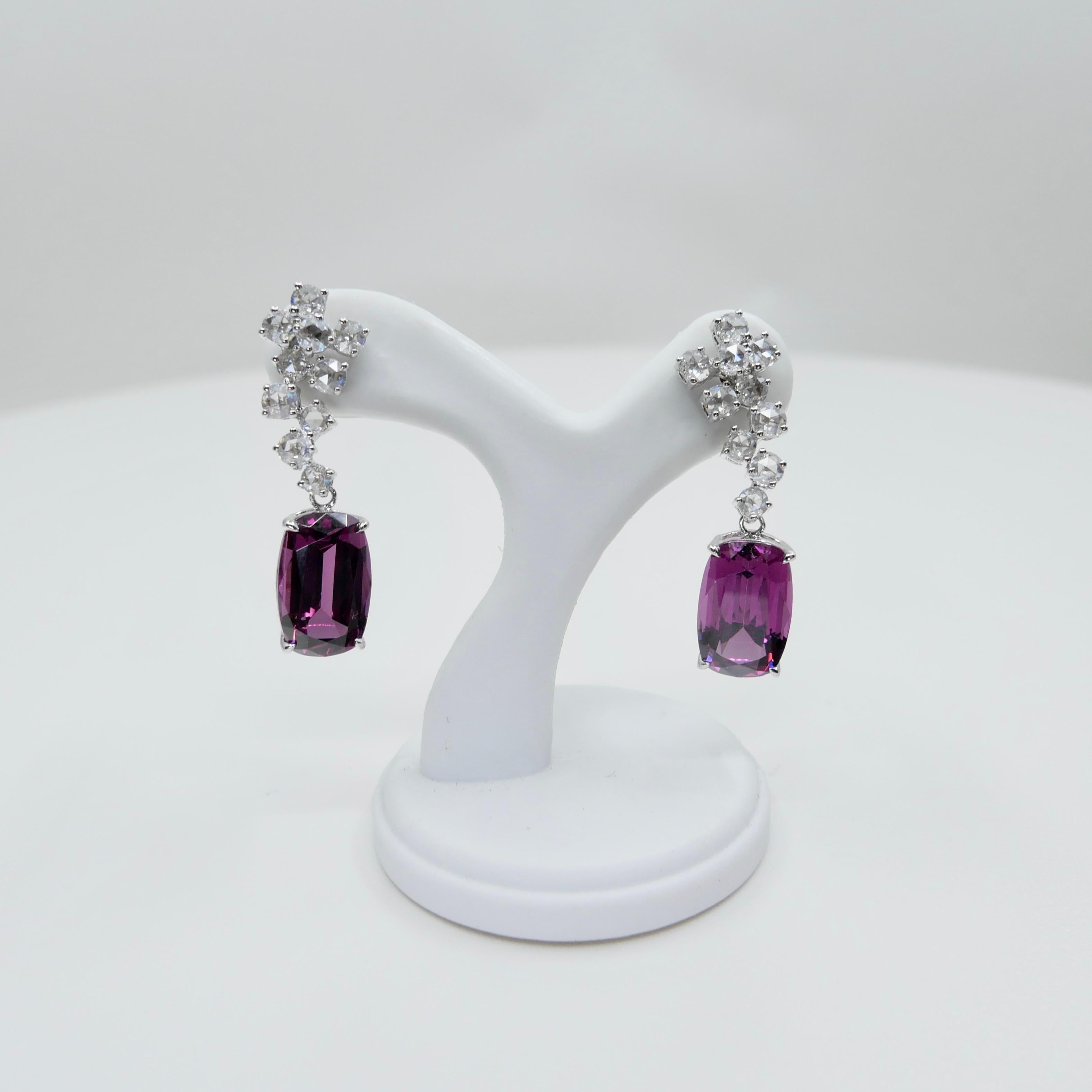 Pendientes de granate rodolita natural de 10,4 mm x 6,5 mm y diamante talla rosa. en venta 7
